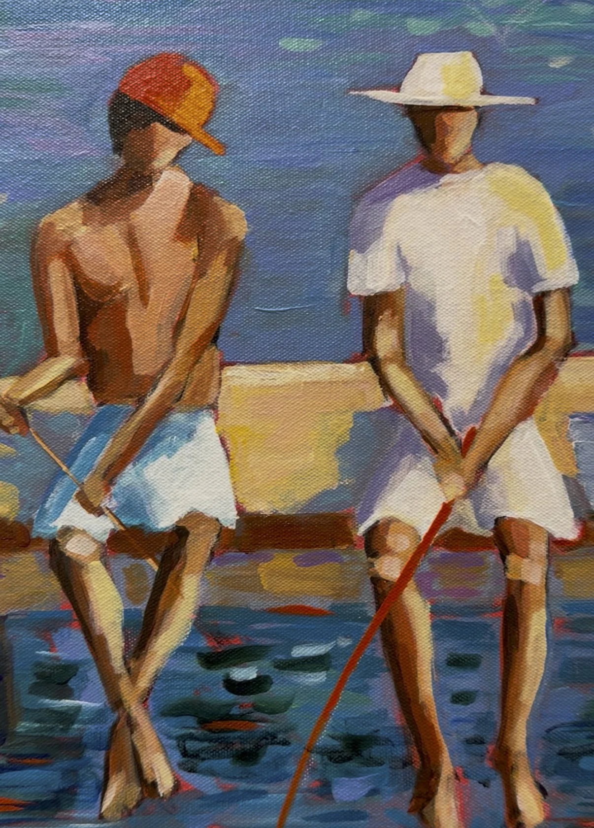 Detail of two boys sitting fishing on jetty, Palm Cove Jetty painting by Anne Whately