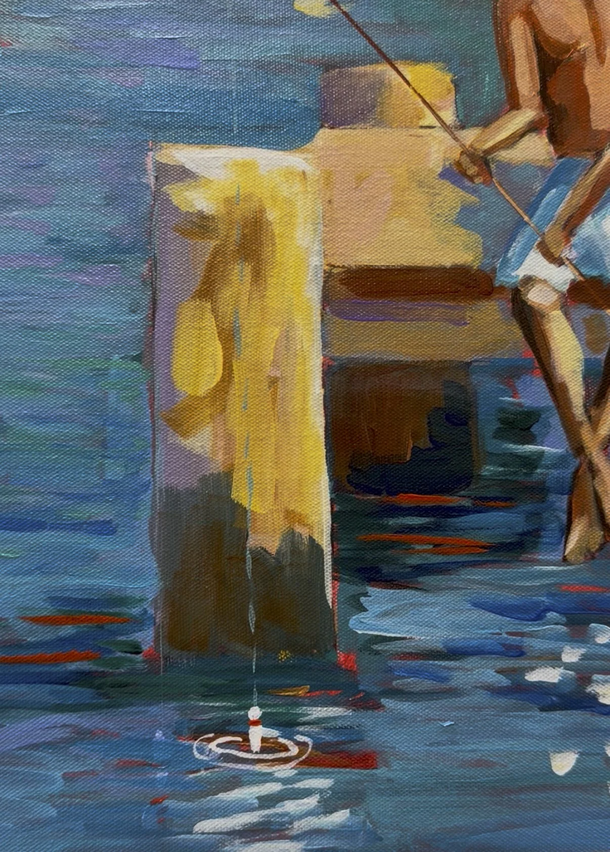 Close-up detail of fishing line and water reflections in Palm Cove Jetty painting