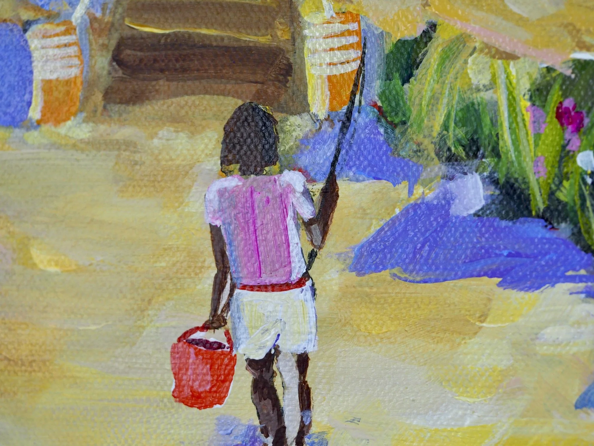 Detail of Sandy Track showing a girl walking with a red bucket along the sand