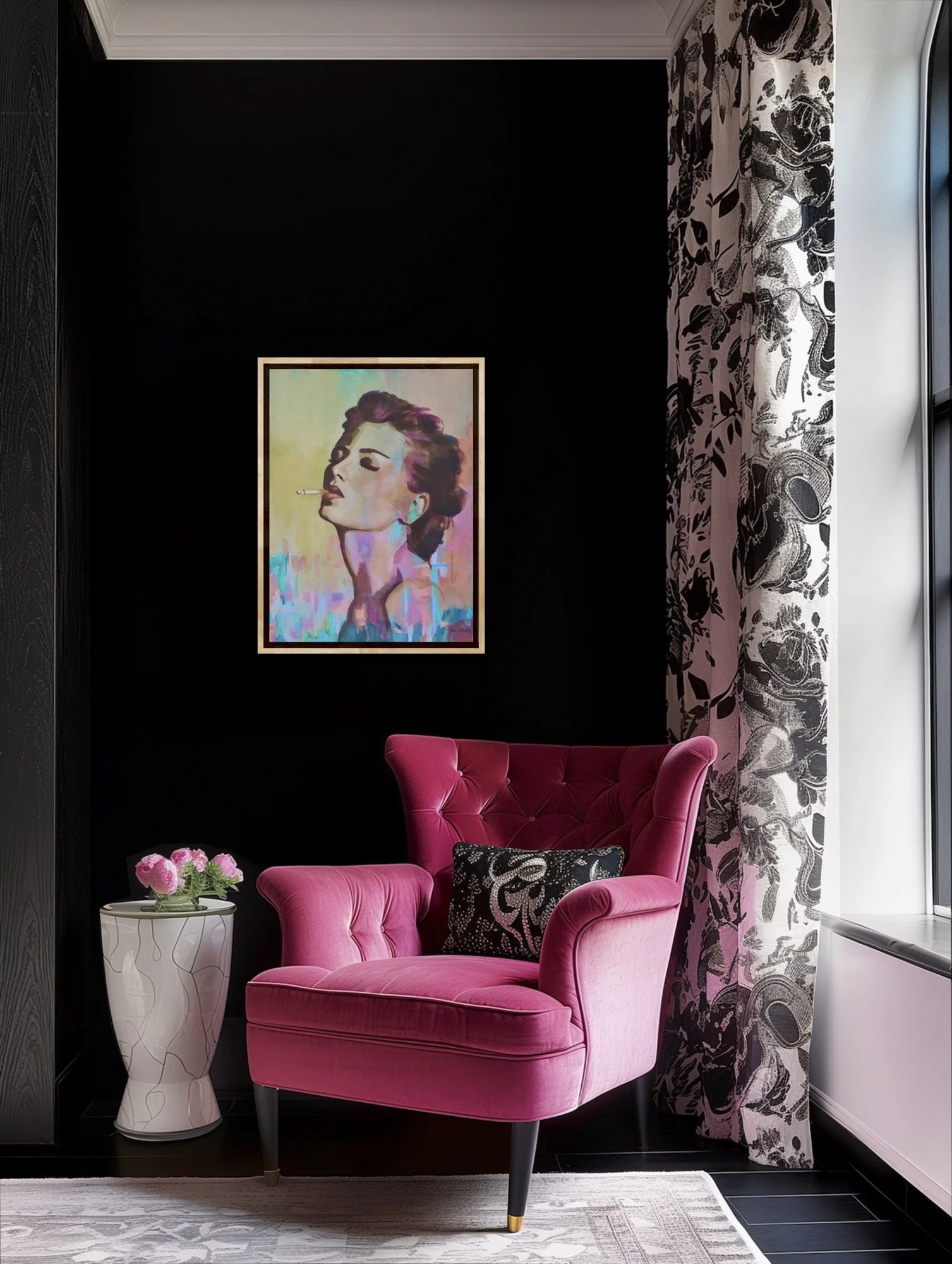 Exhale contemporary portrait painting displayed in modern interior with pink chair and dark wall