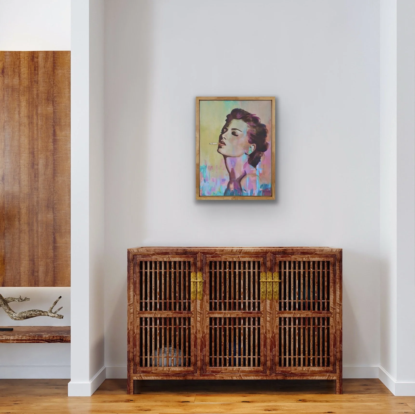 Exhale contemporary portrait painting displayed in modern interior with white wall and low timber cupboard