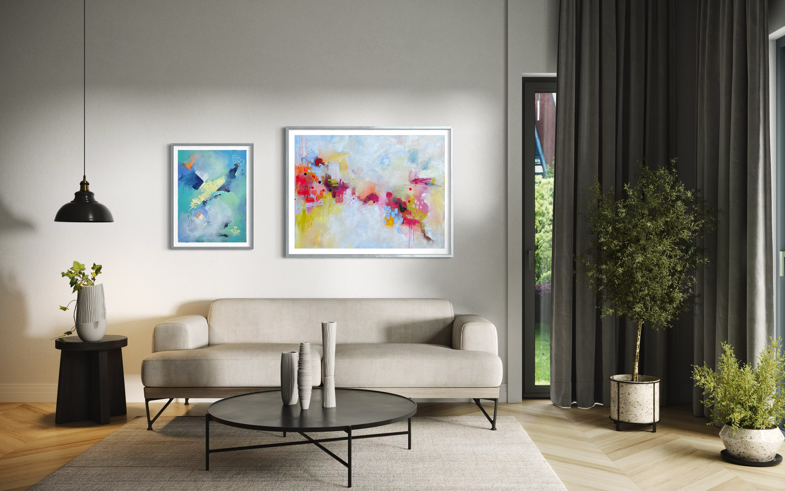 Two contemporary abstract artworks by Anne Whately displayed in a modern neutral-toned living room with soft textures and minimalist styling.