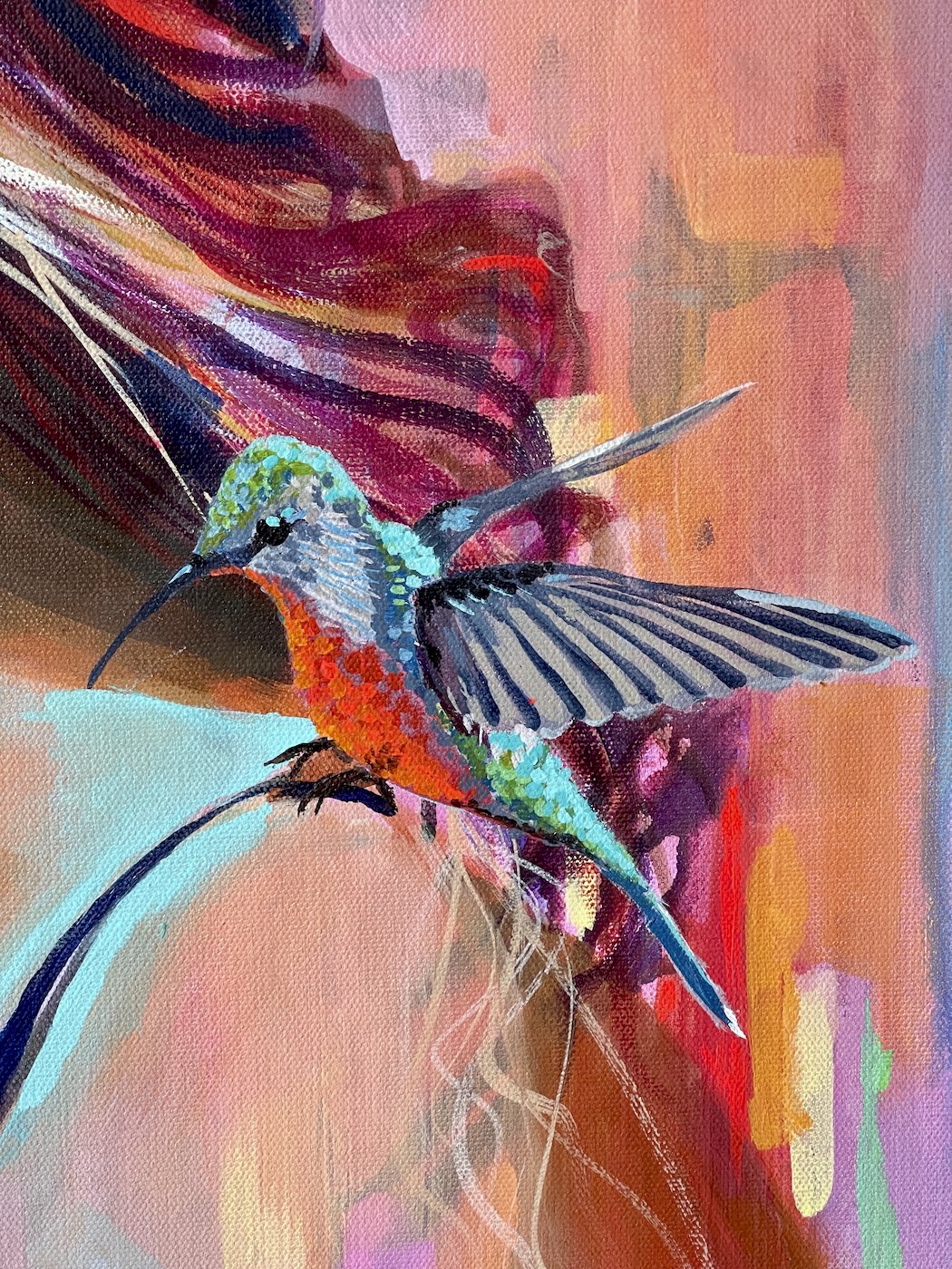 Hummingbird detail in colourful acrylic painting, contemporary figurative artwork