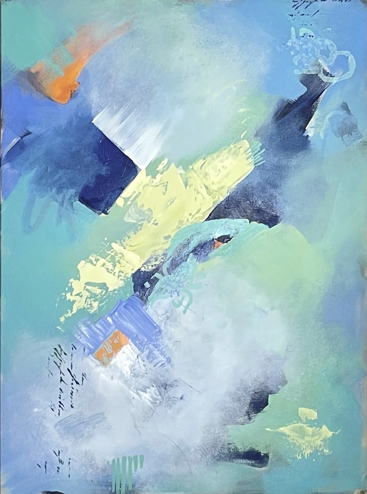 Blue and teal abstract contemporary painting with layered texture by Anne Whately