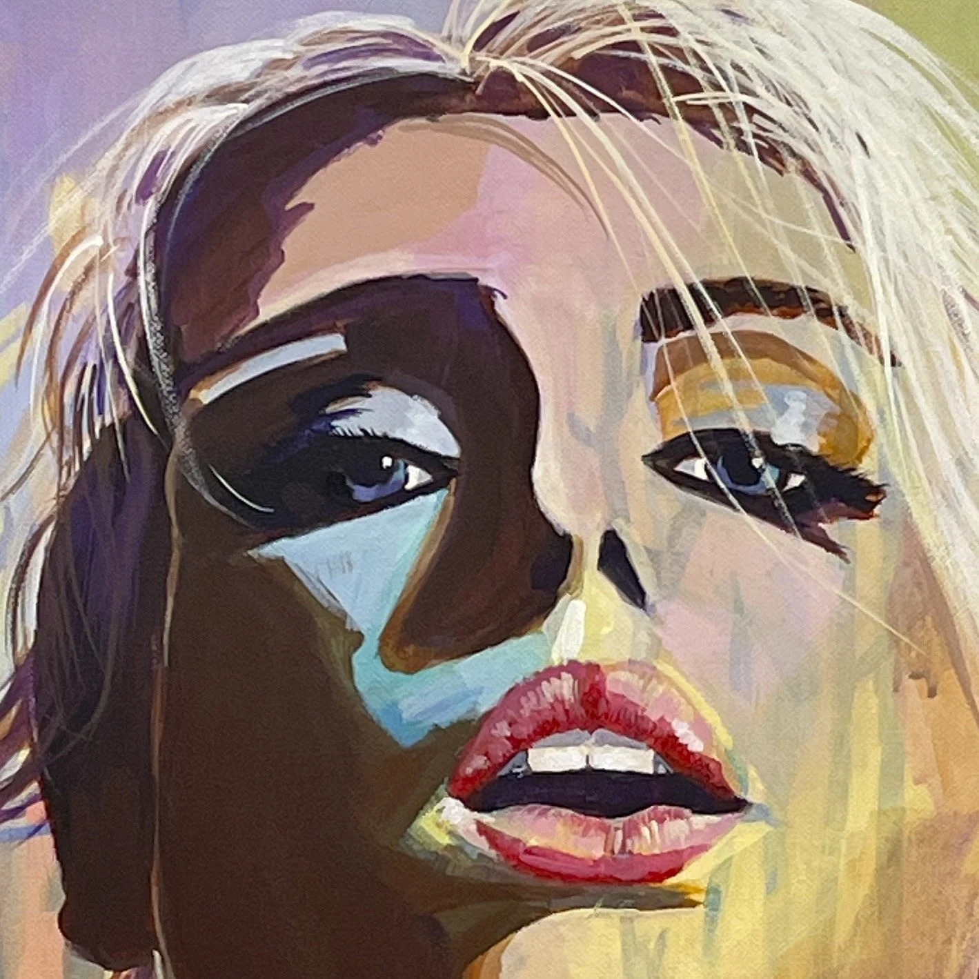 Modern portrait painting with strong light and shadow, expressive face in bold colour, contemporary figurative artwork