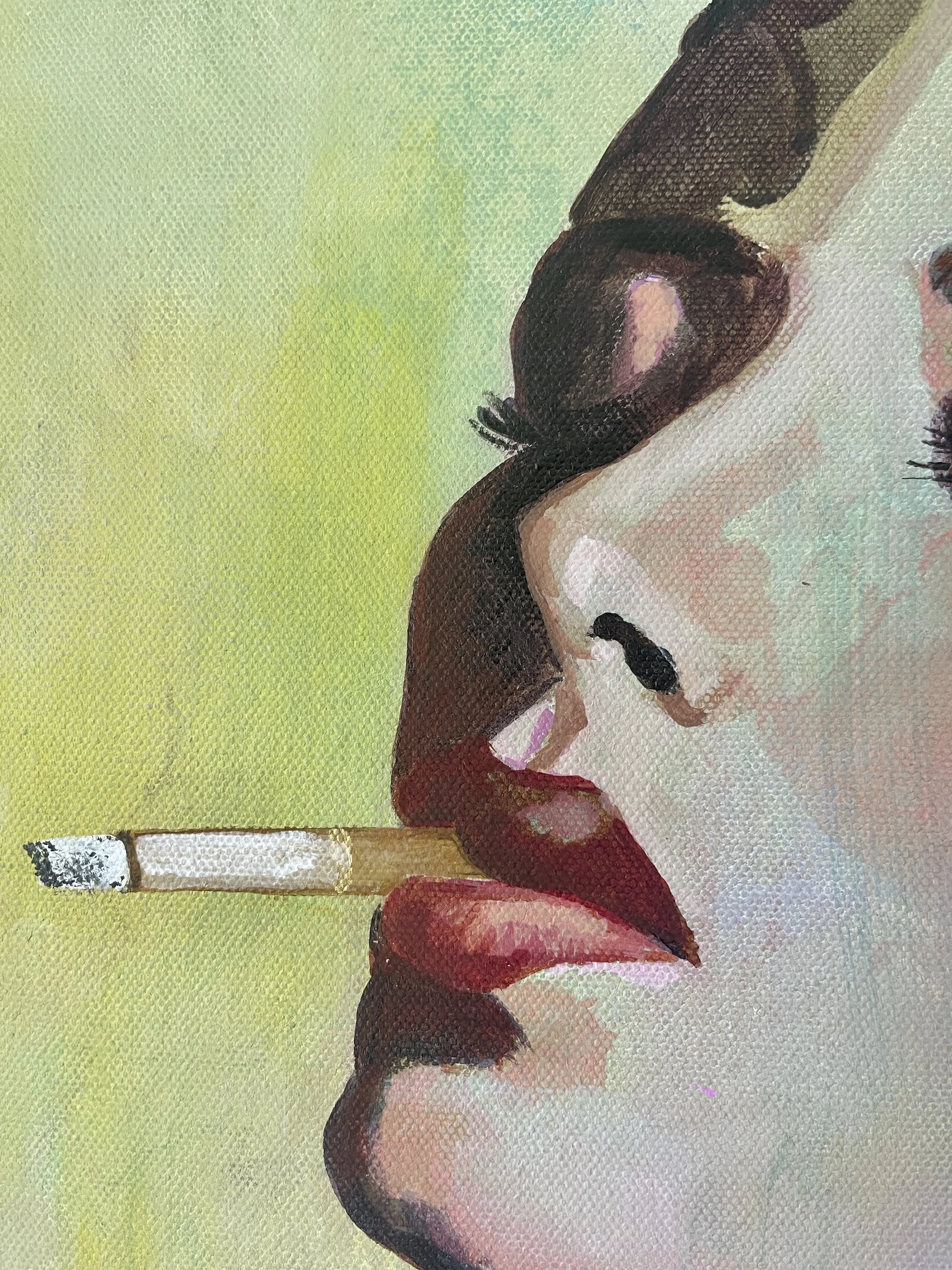 Exhale acrylic painting detail showing lips and cigarette with layered brushwork and texture