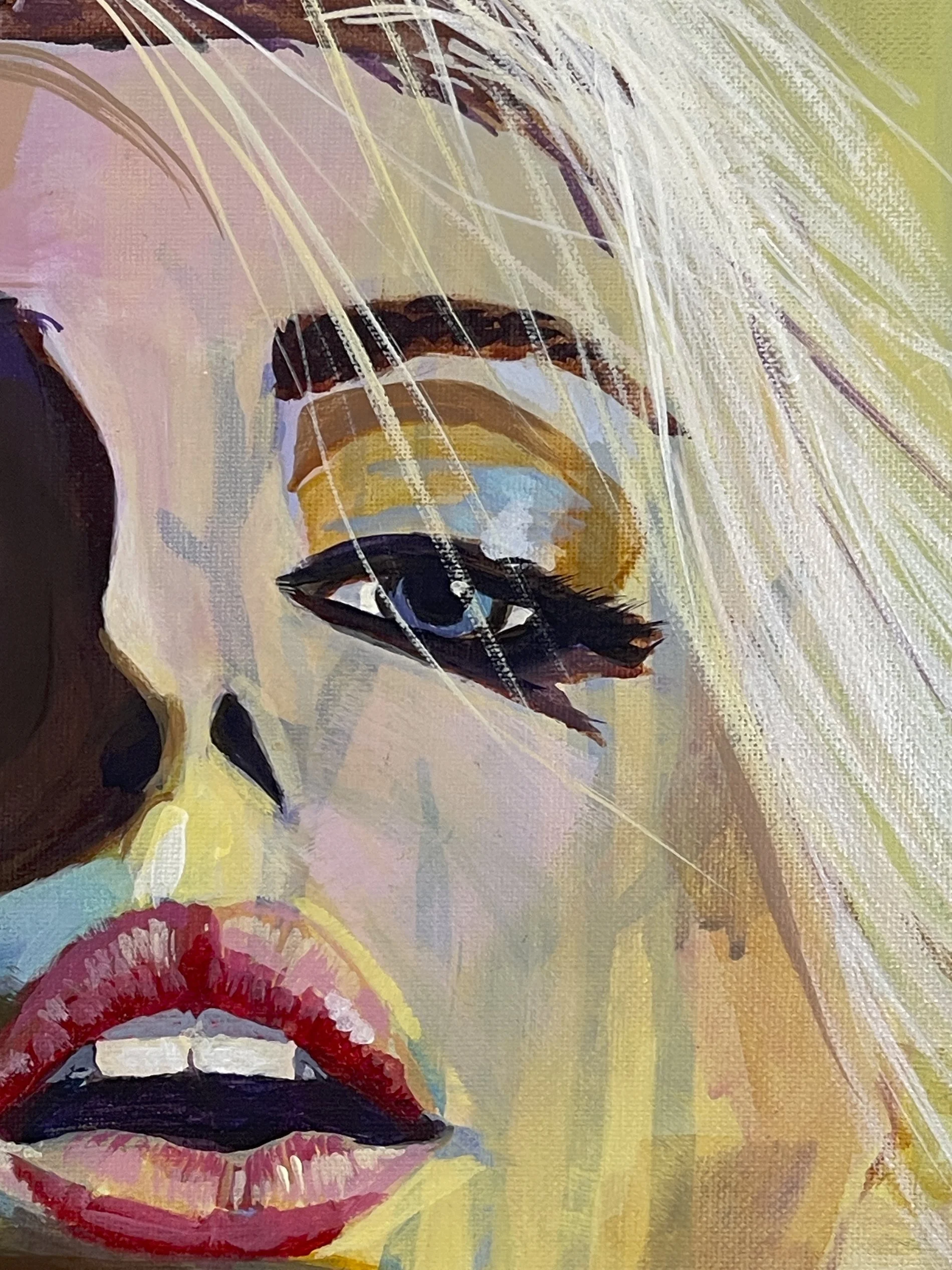 Before You Speak acrylic painting detail of eye and hair showing layered brushwork and color