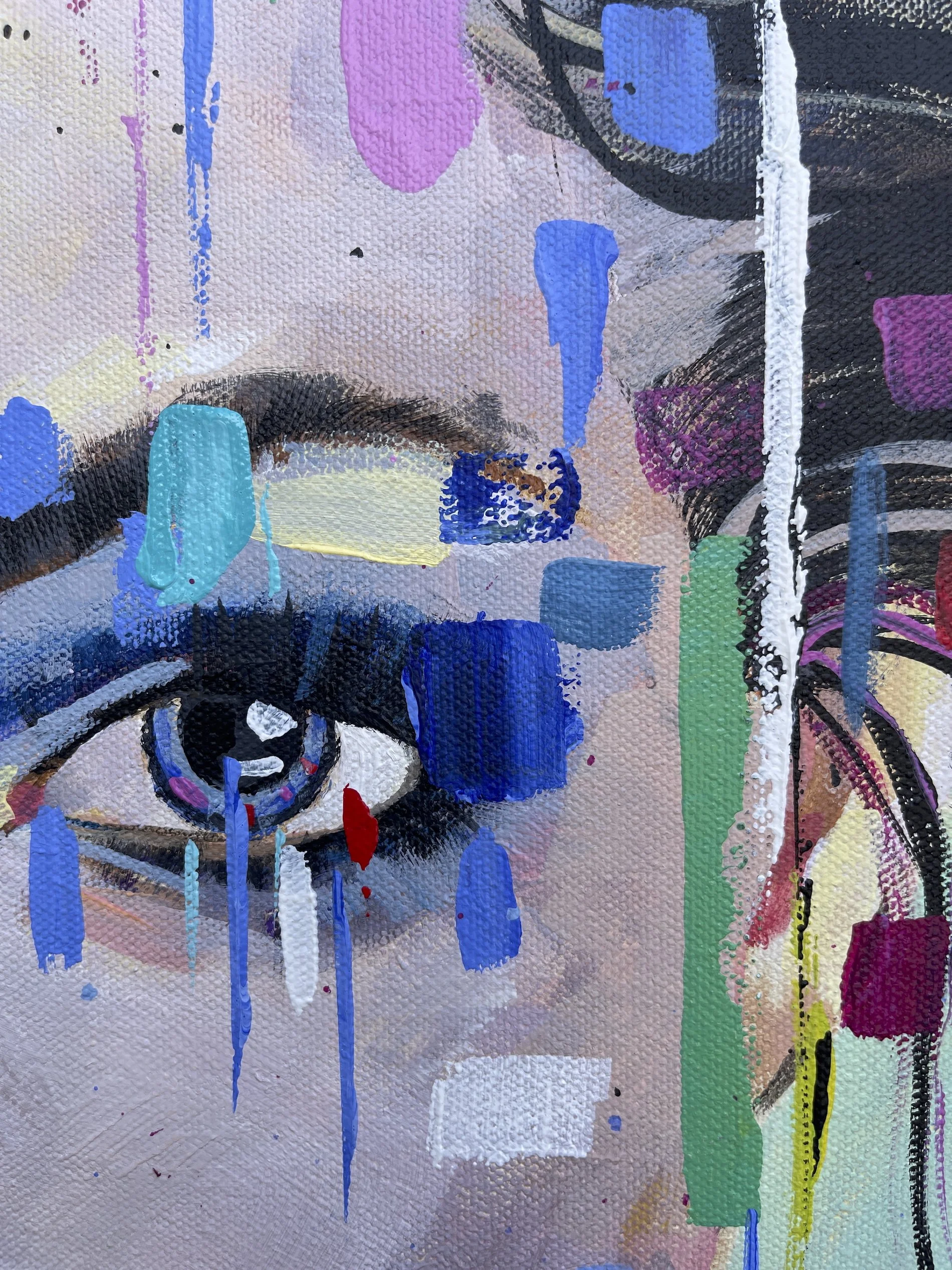 Detail of lips and  expressive brushwork and colourful abstract marks in modern portrait painting