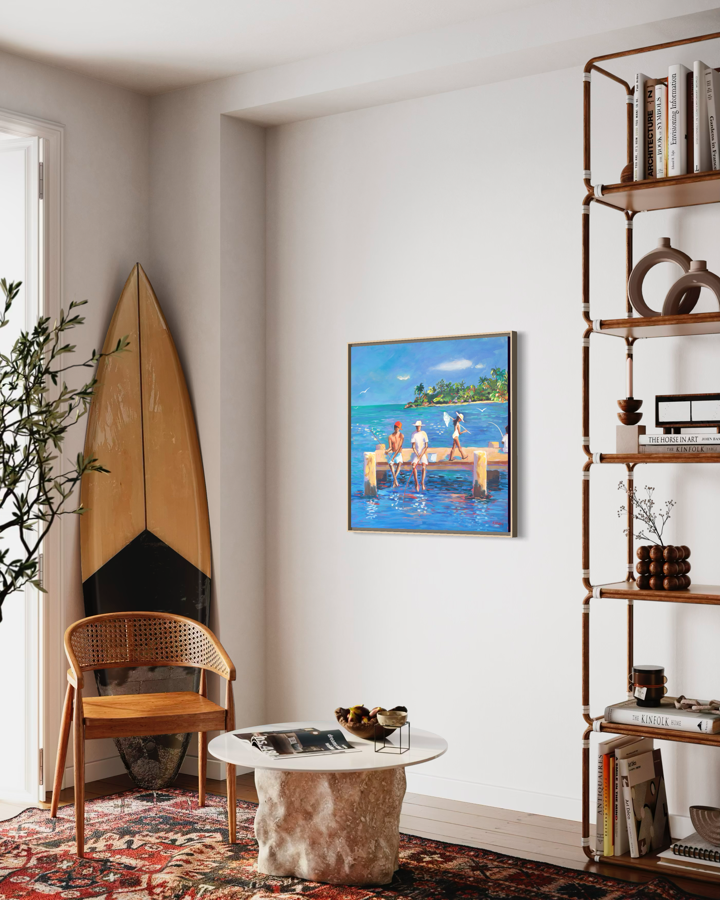 Palm Cove Jetty original artwork hanging in neutral living room with surfboard against wall