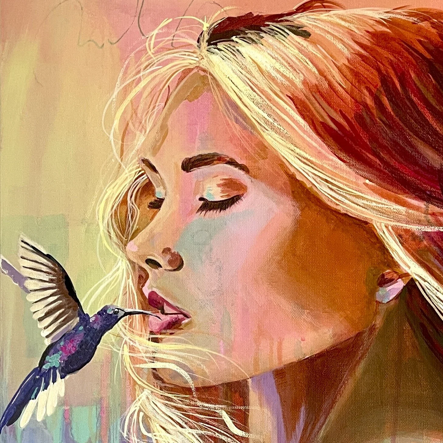 Colourful contemporary portrait of a woman with hummingbird, soft layered brushwork and vibrant tones, original artwork
