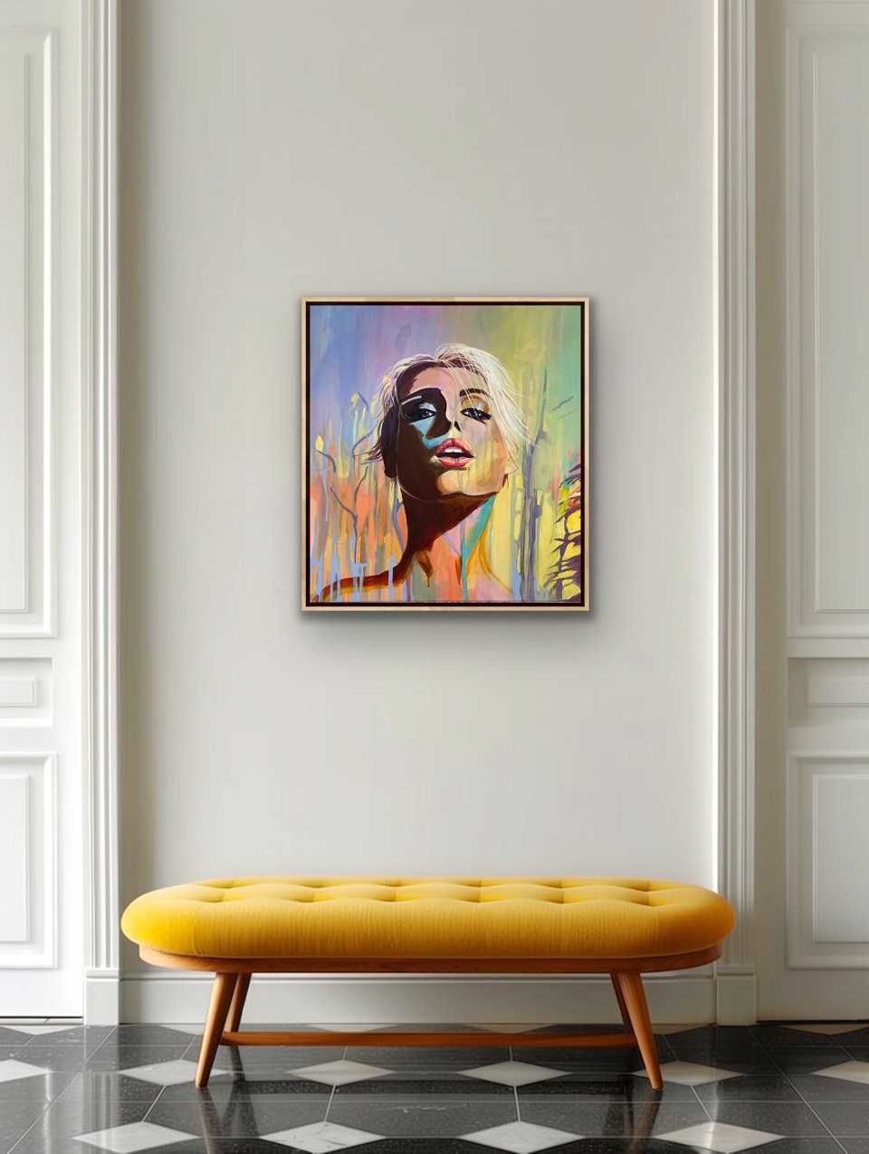 Before You Speak contemporary portrait painting displayed above yellow bench in minimalist interior setting