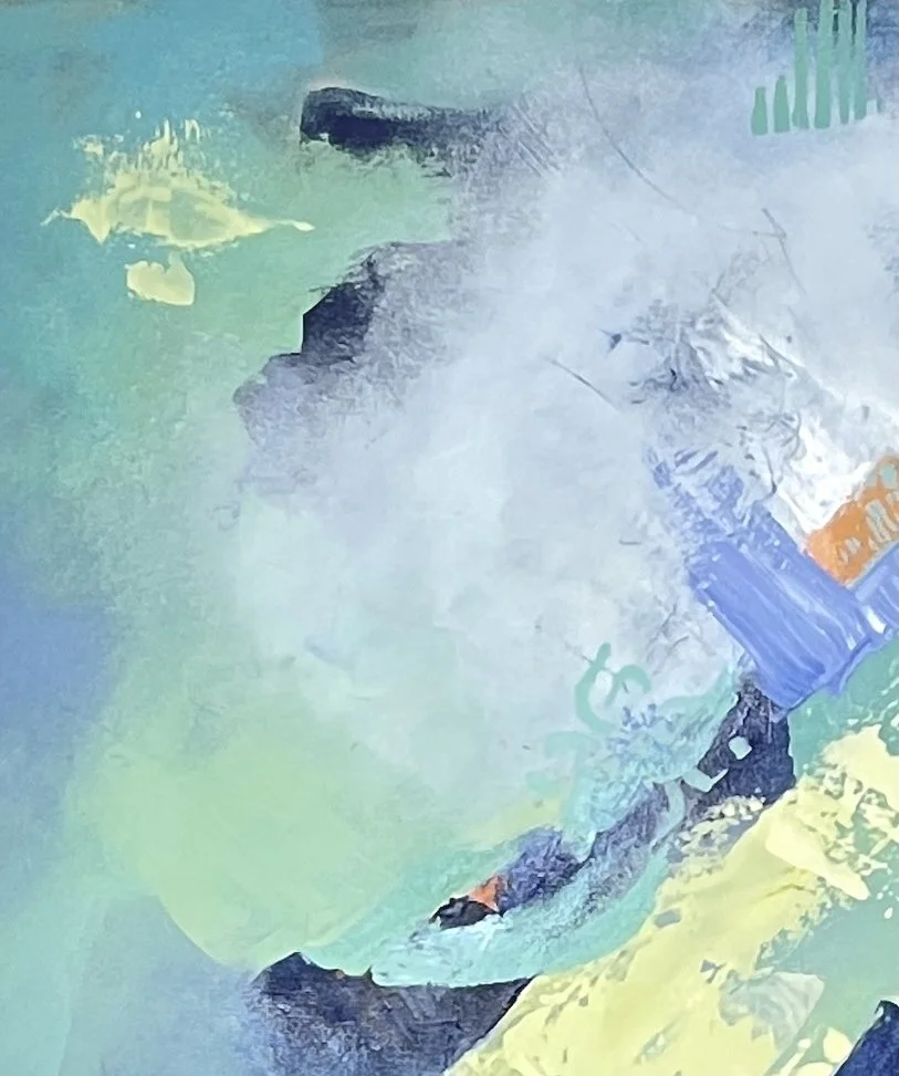 Close-up of textured palette knife strokes in turquoise and soft blue abstract painting