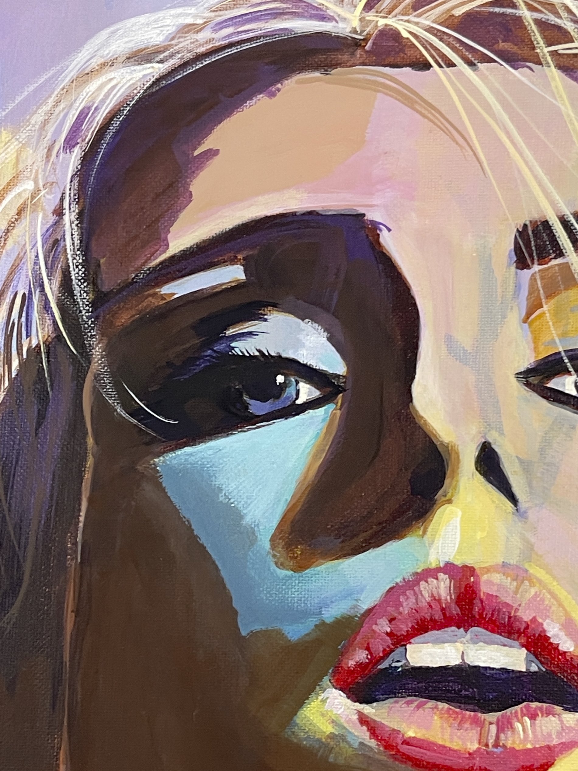 Before You Speak acrylic painting detail showing face and layered colour with expressive brushwork