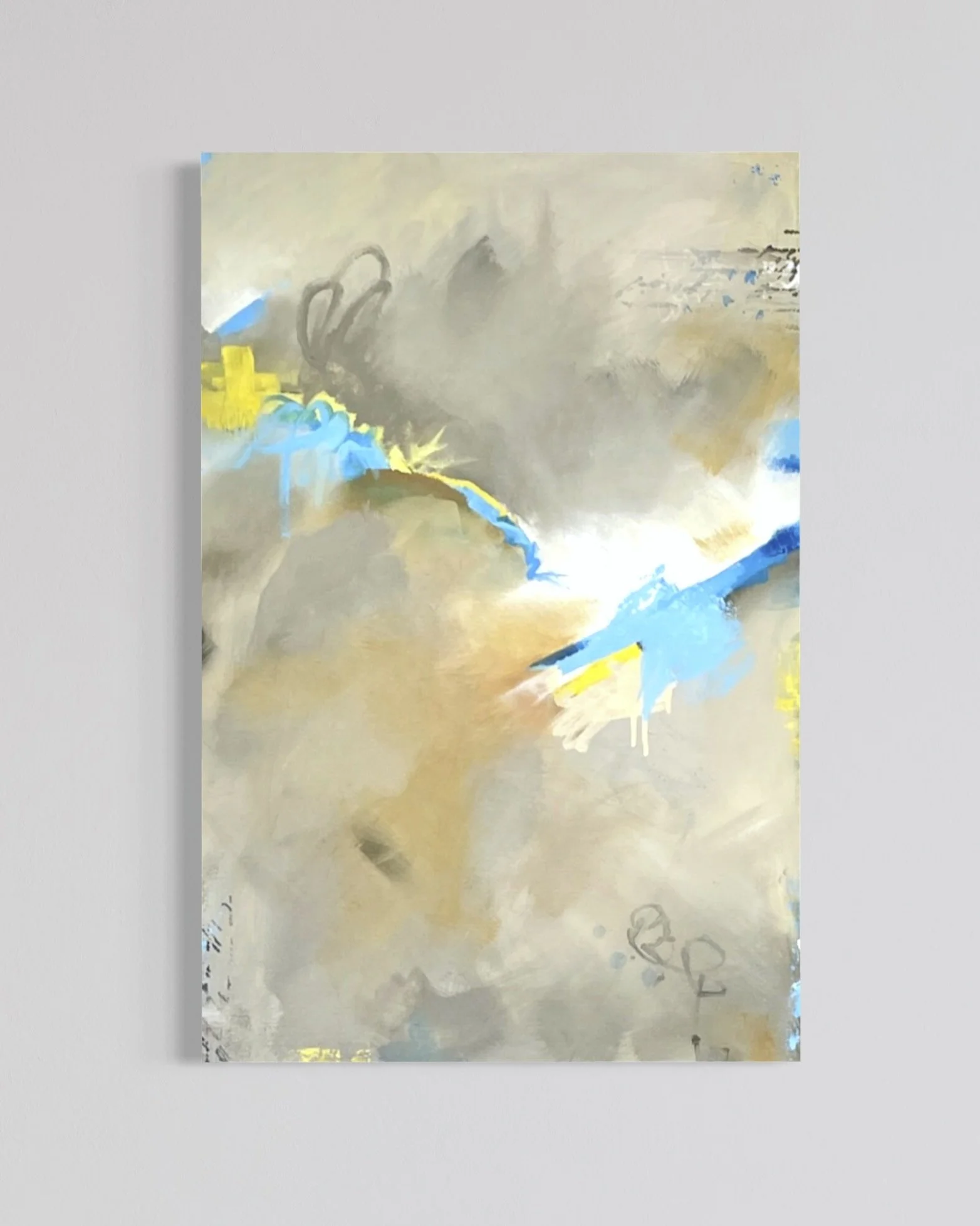 Contemporary abstract artwork in warm neutral tones with blue highlights, inspired by the light and landscape of southern Spain