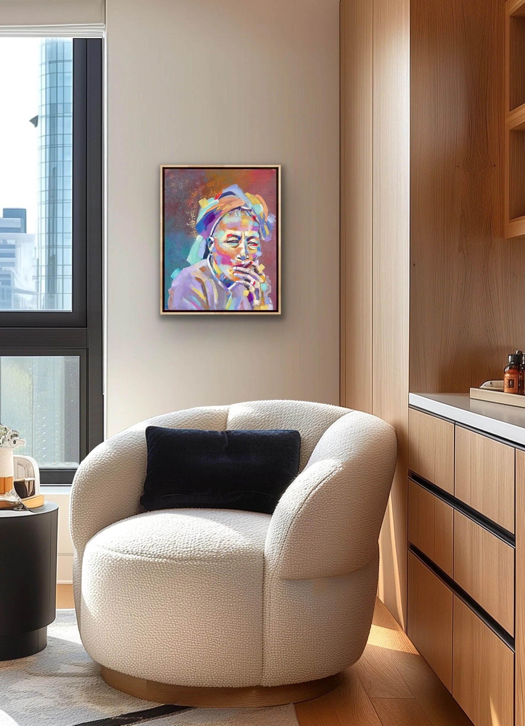 colourful Burmese female portrait in frame on wall above chair.JPG