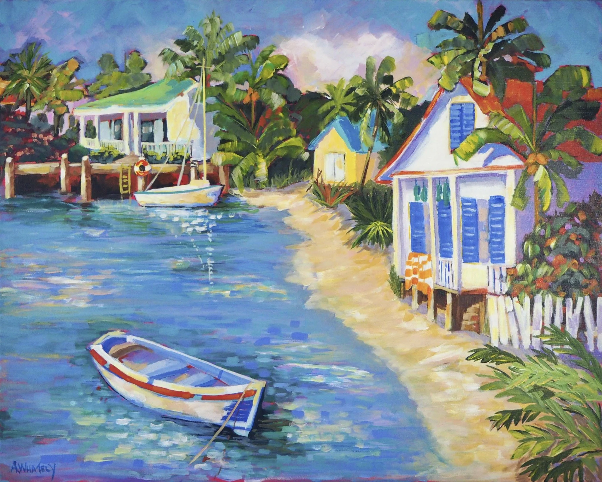 Blue Shutters, Bahamas an original painting of boats and houses on waterfront  in the Bahamas by Anne Whately