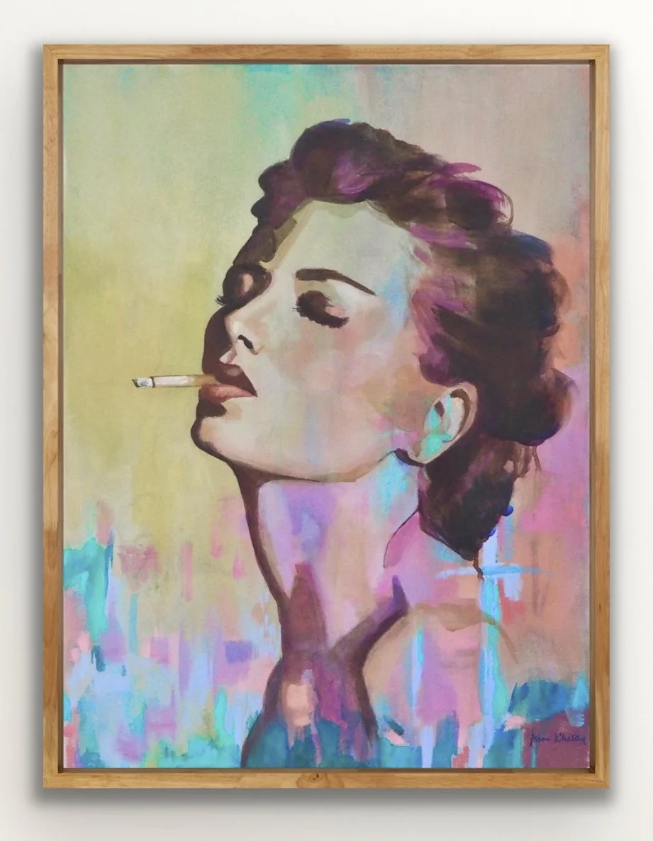 Exhale contemporary female portrait acrylic painting on canvas profile view in timber frame