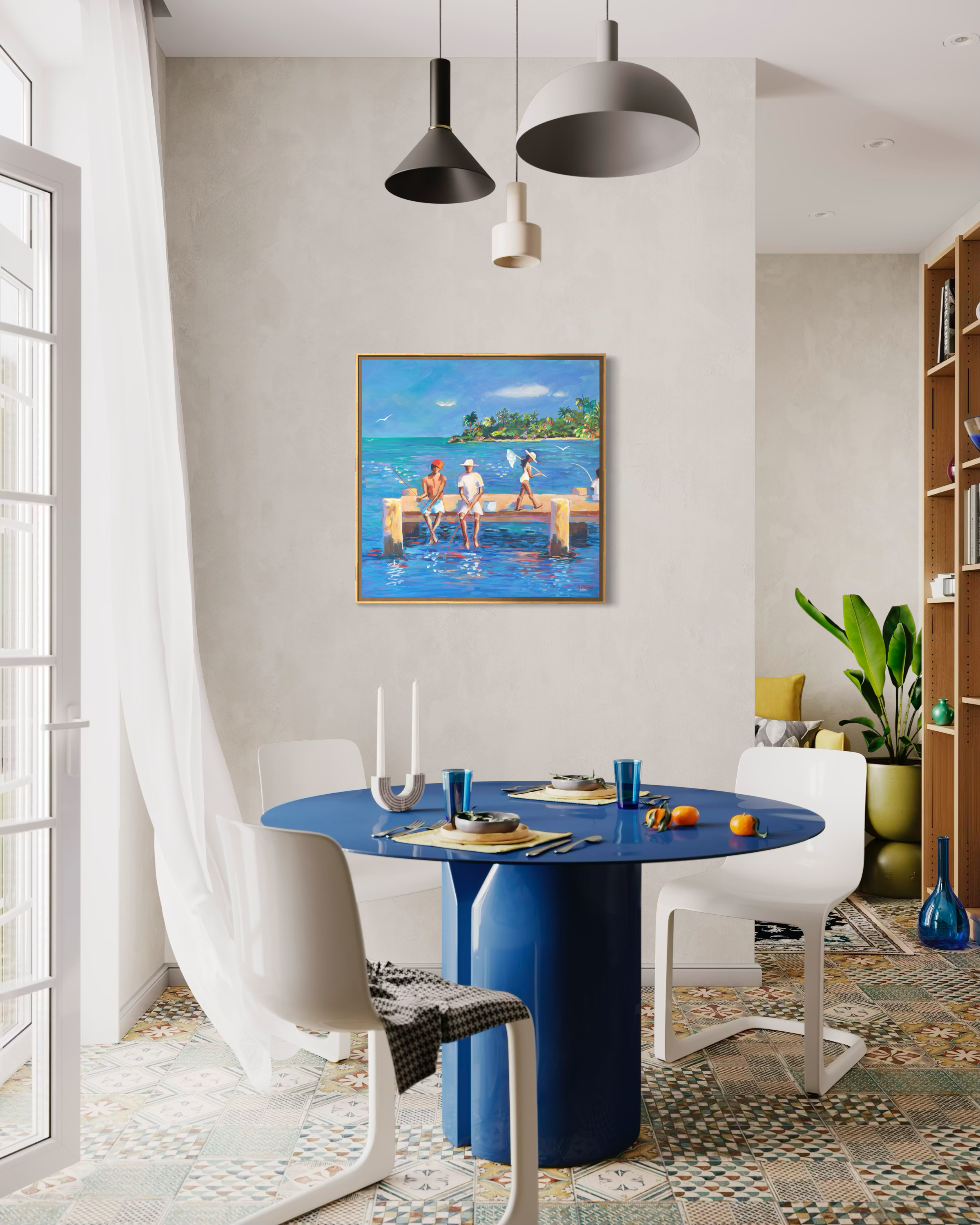 Palm Cove Jetty painting displayed above dining table in coastal-styled dining room