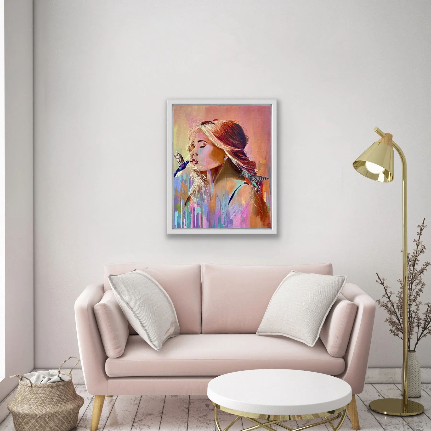 Contemporary portrait painting with hummingbirds in soft neutral living room interior