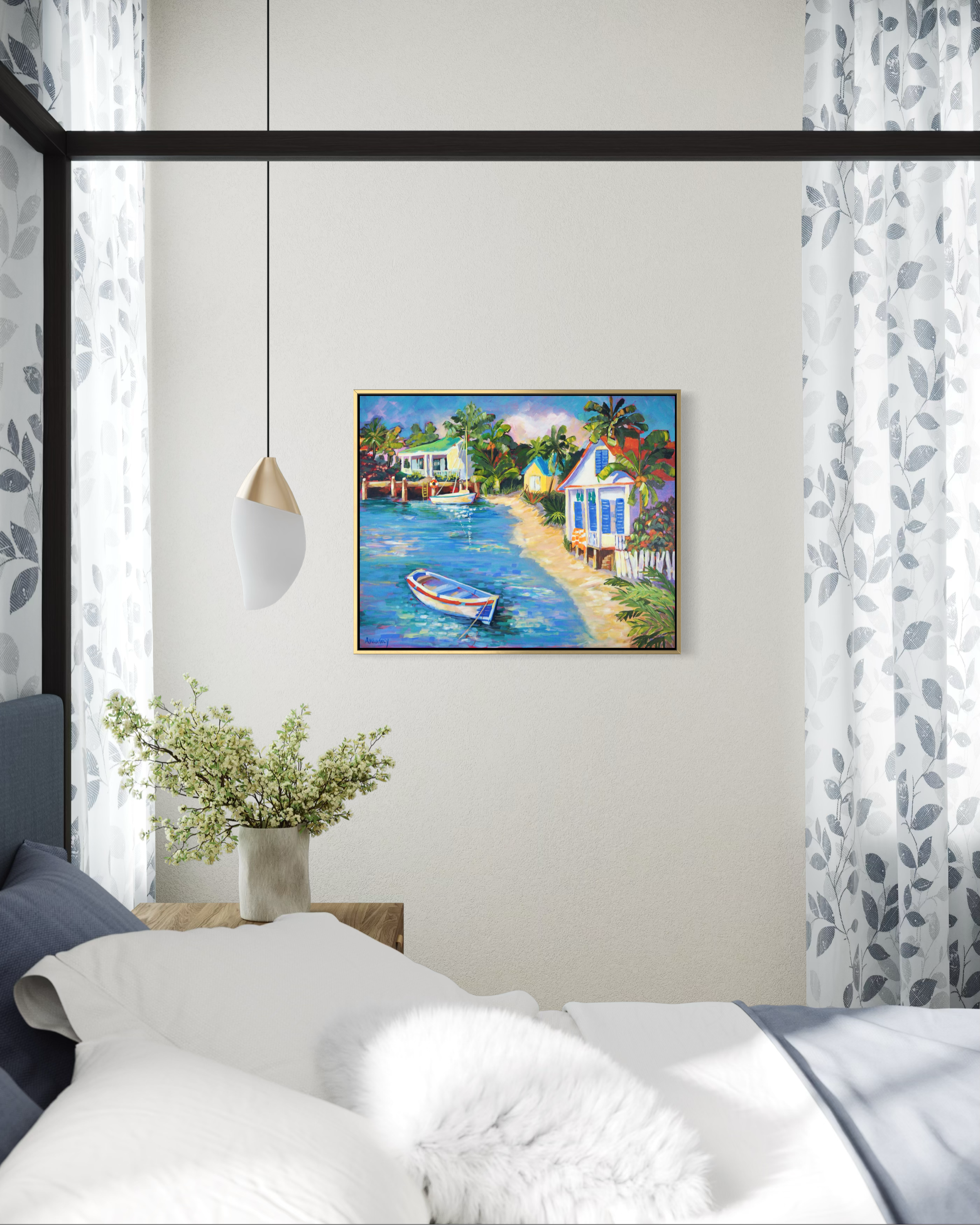 Blue Shutters, Bahamas original artwork hanging in aromantic bedroom with curtains and hanging light.