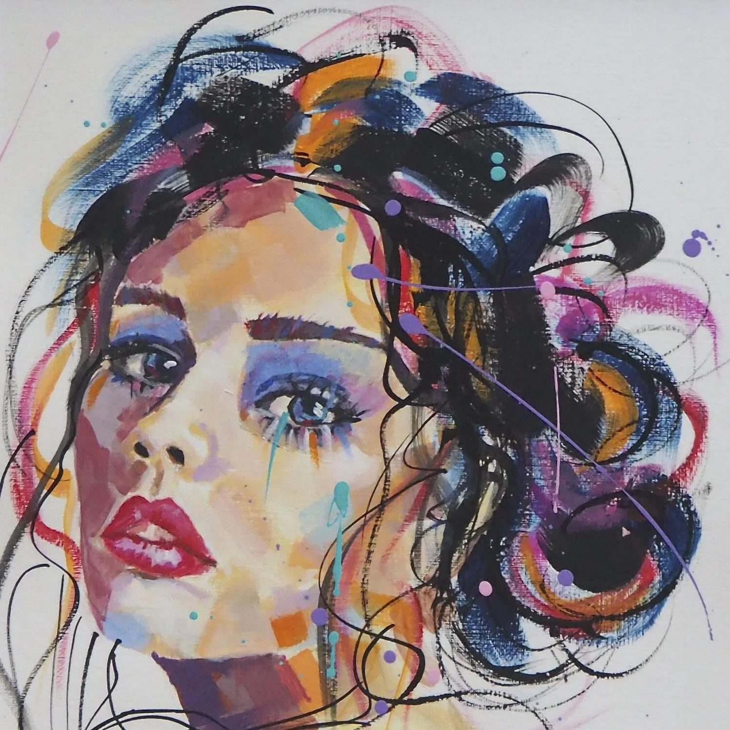 Contemporary expressive portrait of a woman with abstract brushwork, bold colour and dynamic line, original painting