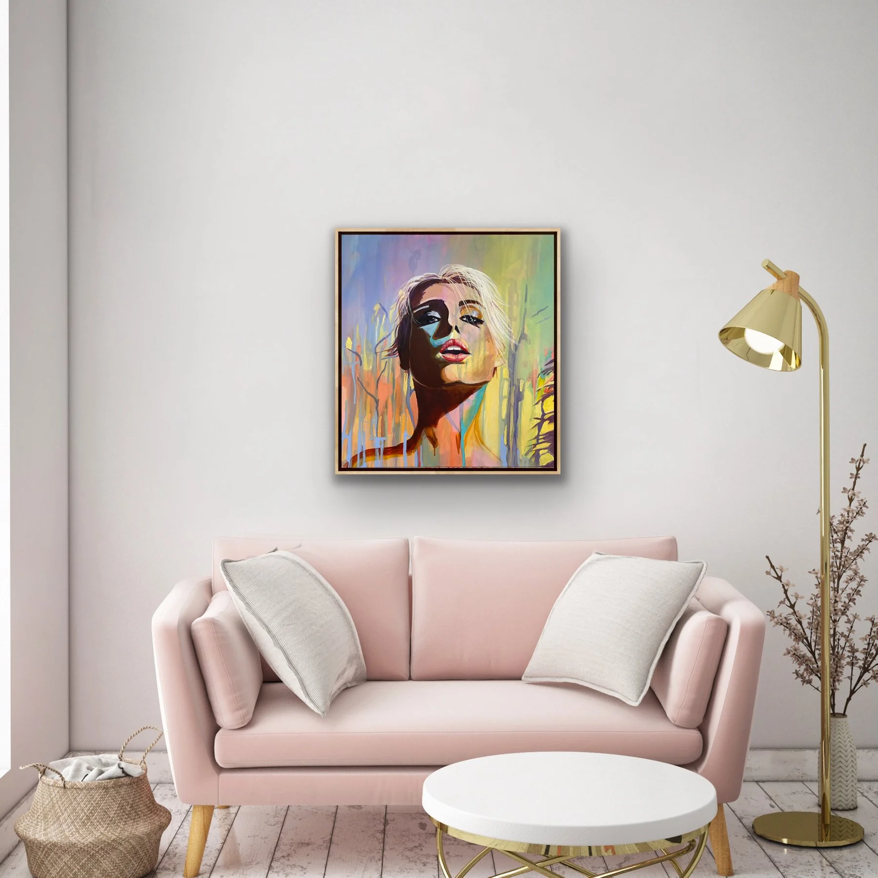 Before You Speak contemporary portrait painting displayed in modern living room with pink sofa