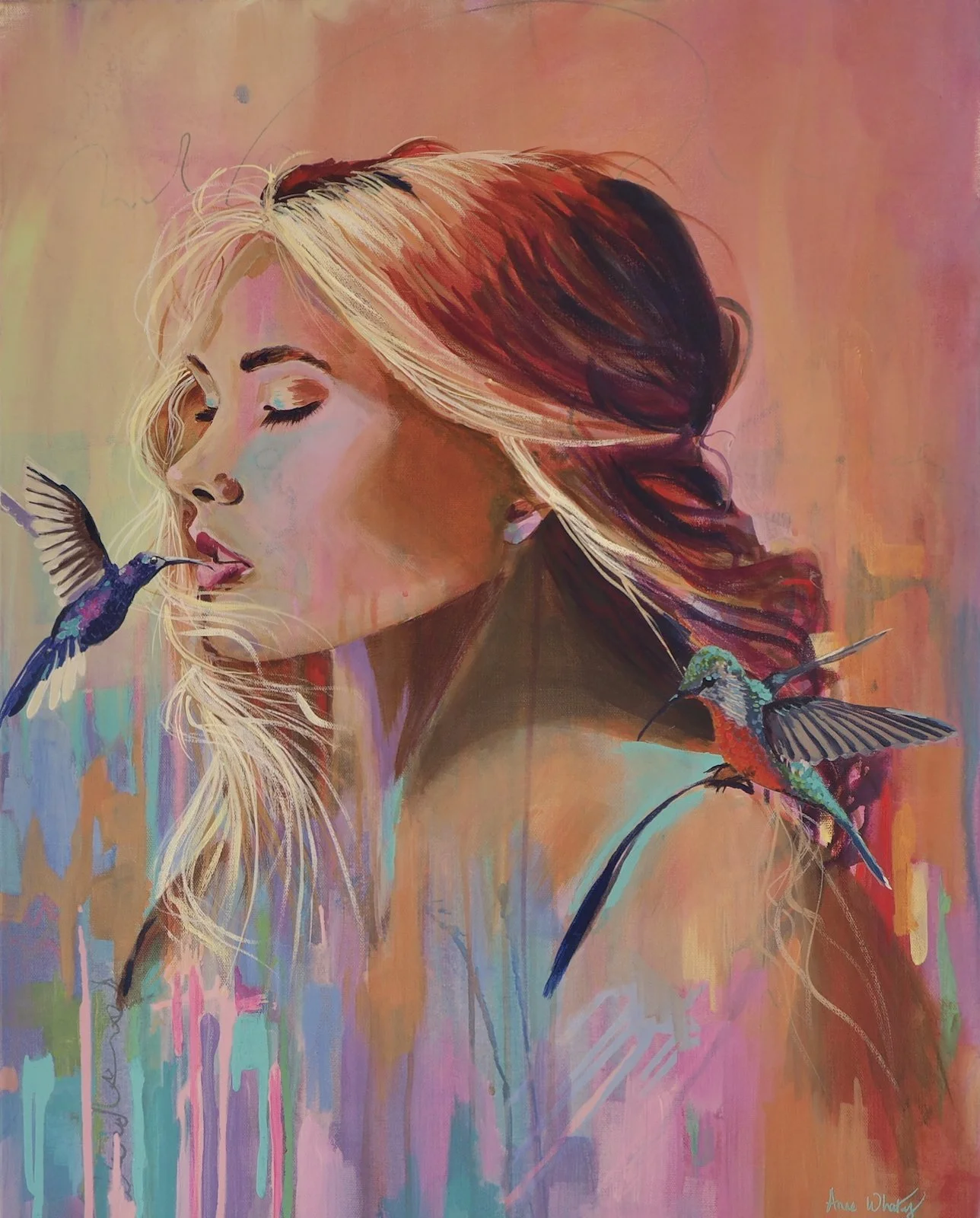 Vibrant portrait with hummingbirds in expressive brushwork by Anne Whately