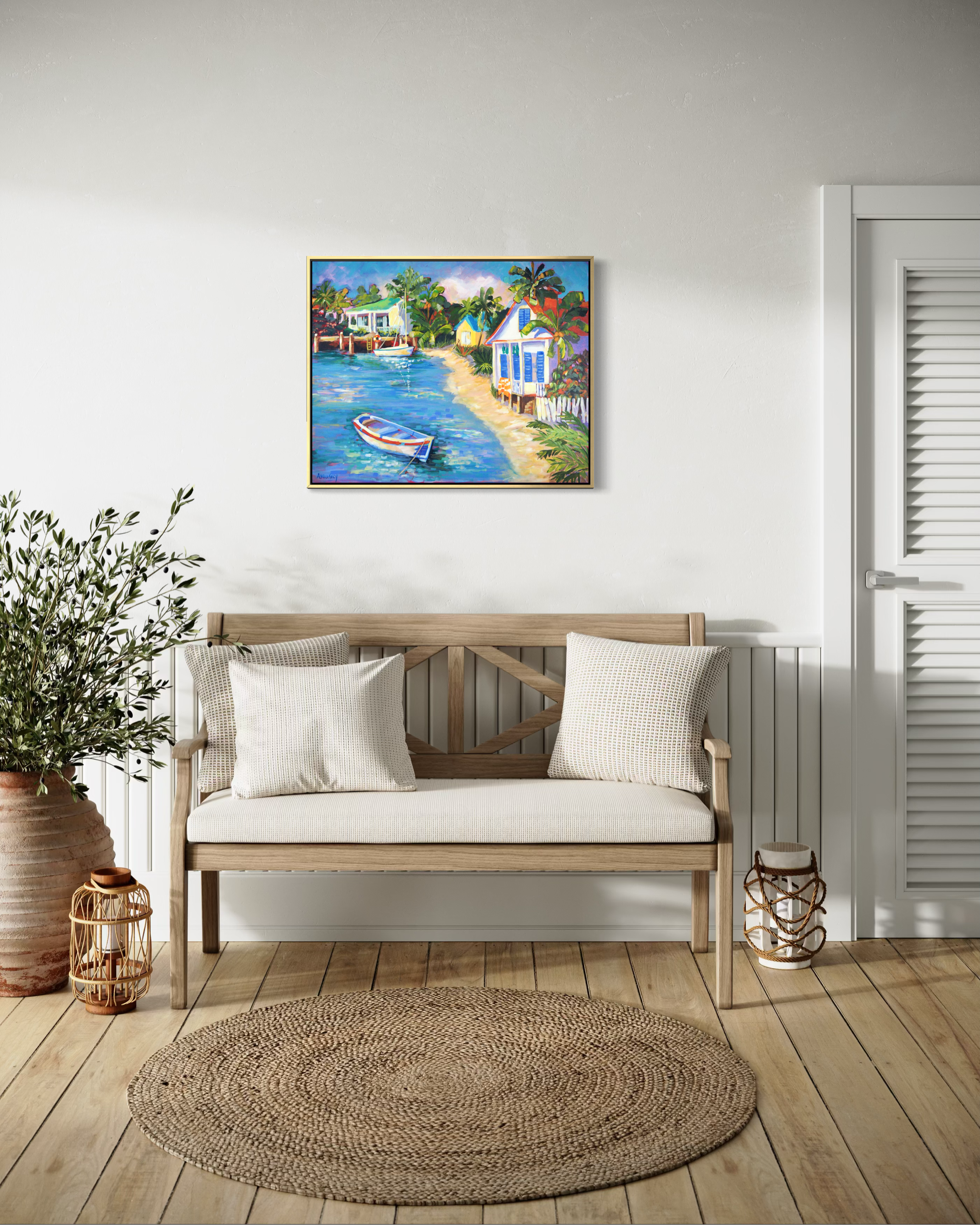 Blue Shutters, Bahamas original artwork hanging above a wooden bench seat.