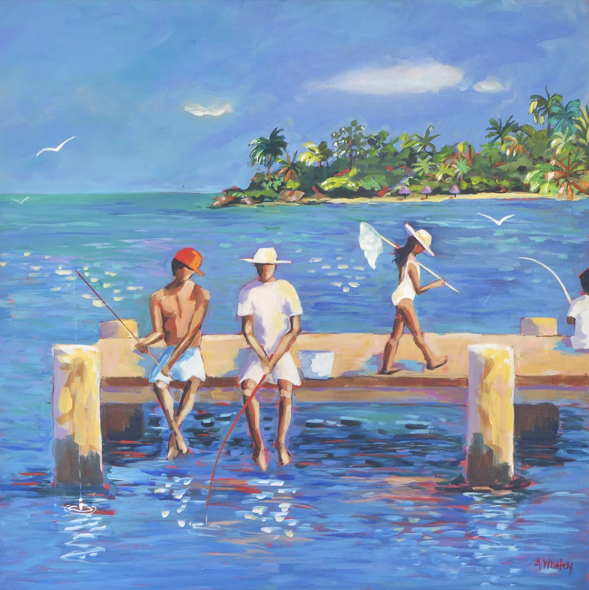 Palm Cove Jetty original acrylic painting by Anne Whately, boys fishing on tropical jetty