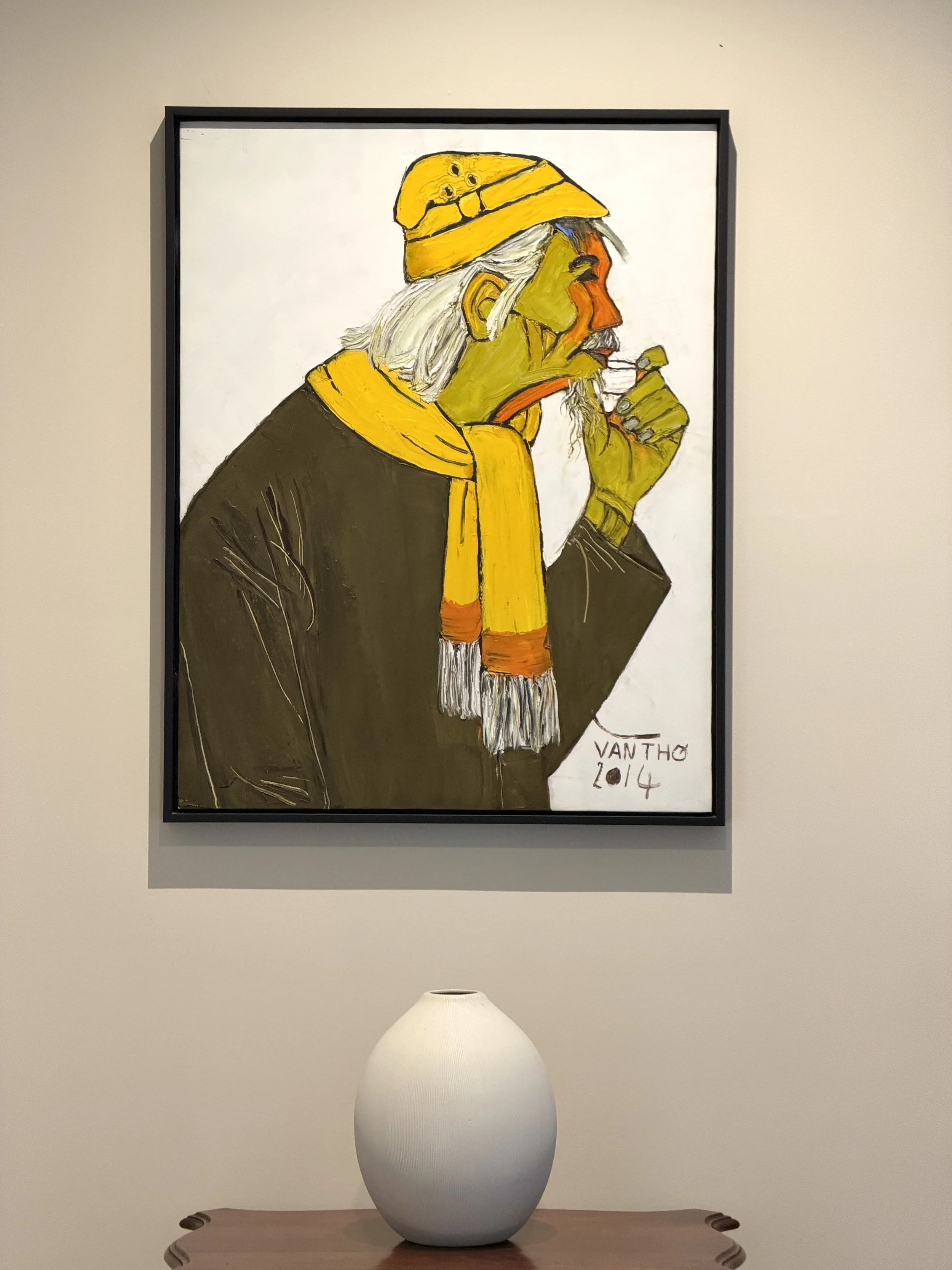 Van Tho original painting 2014 yellow hat portrait hung in home