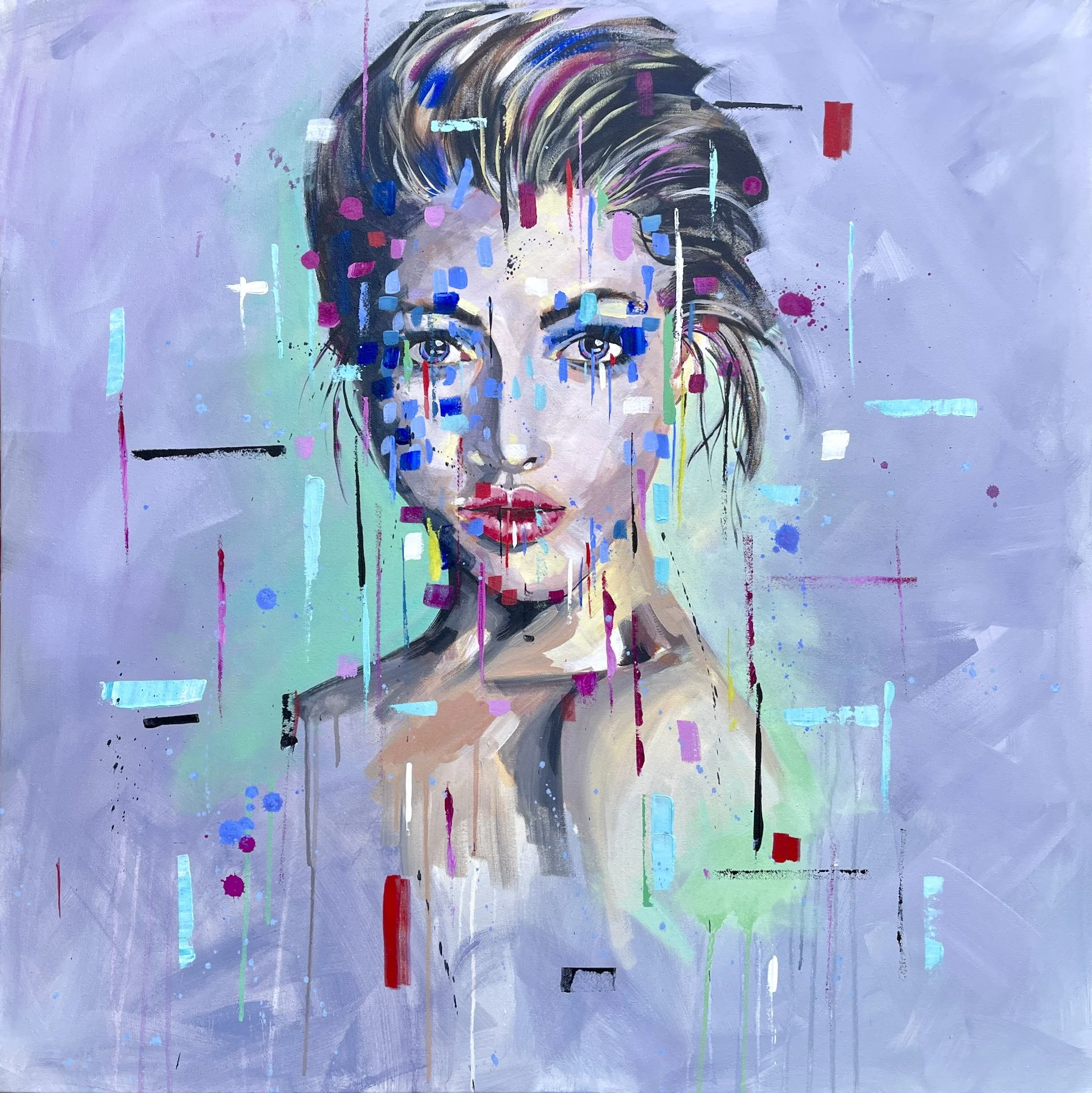 Contemporary abstract portrait painting of a woman with colourful layered marks and expressive drips