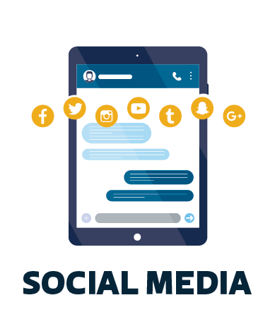 Illustration of a tablet displaying a social media chat interface with icons for Facebook, Twitter, Instagram, YouTube, Tumblr, and Google Plus above it, with 'SOCIAL MEDIA' text below.