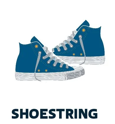 A pair of blue high-top sneakers with white laces and soles. The word 'SHOESTRING' is written below the shoes.