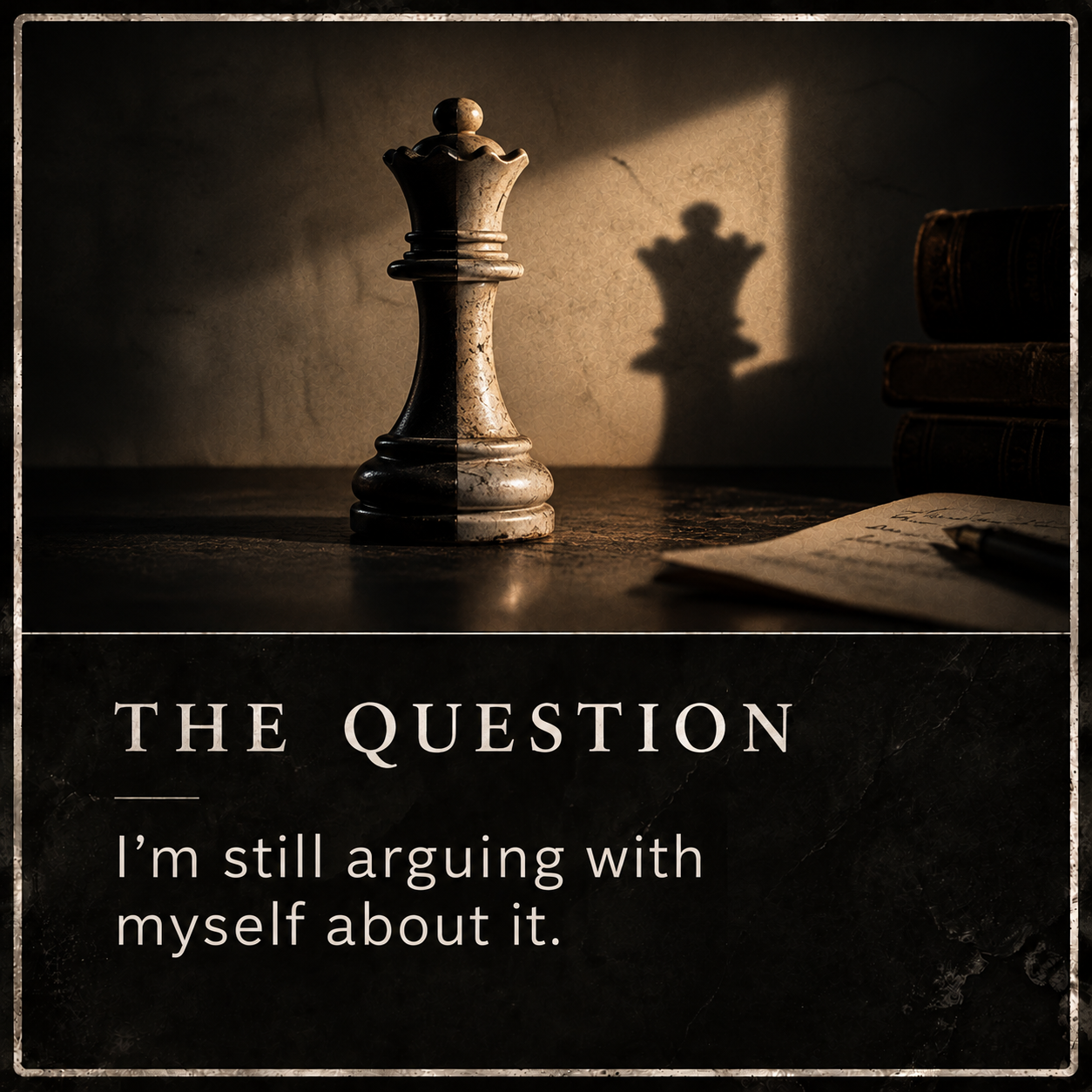 A chess king statue casting a shadow on a wall next to a notebook with a pen, with books stacked nearby, and the text 'The Question: I'm still arguing with myself about it.'