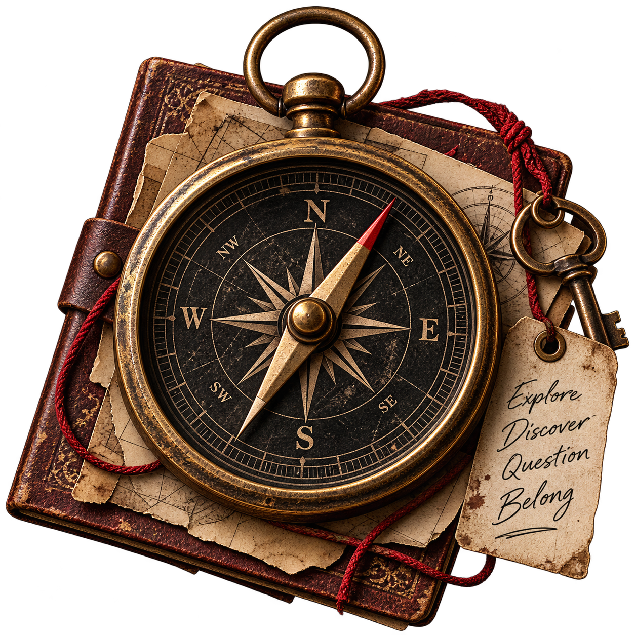 A vintage brass compass resting on an old leather-bound journal with a faded map, accompanied by an antique key and a torn tag with words 'Explore, Discover, Question, Belong' handwritten on it.