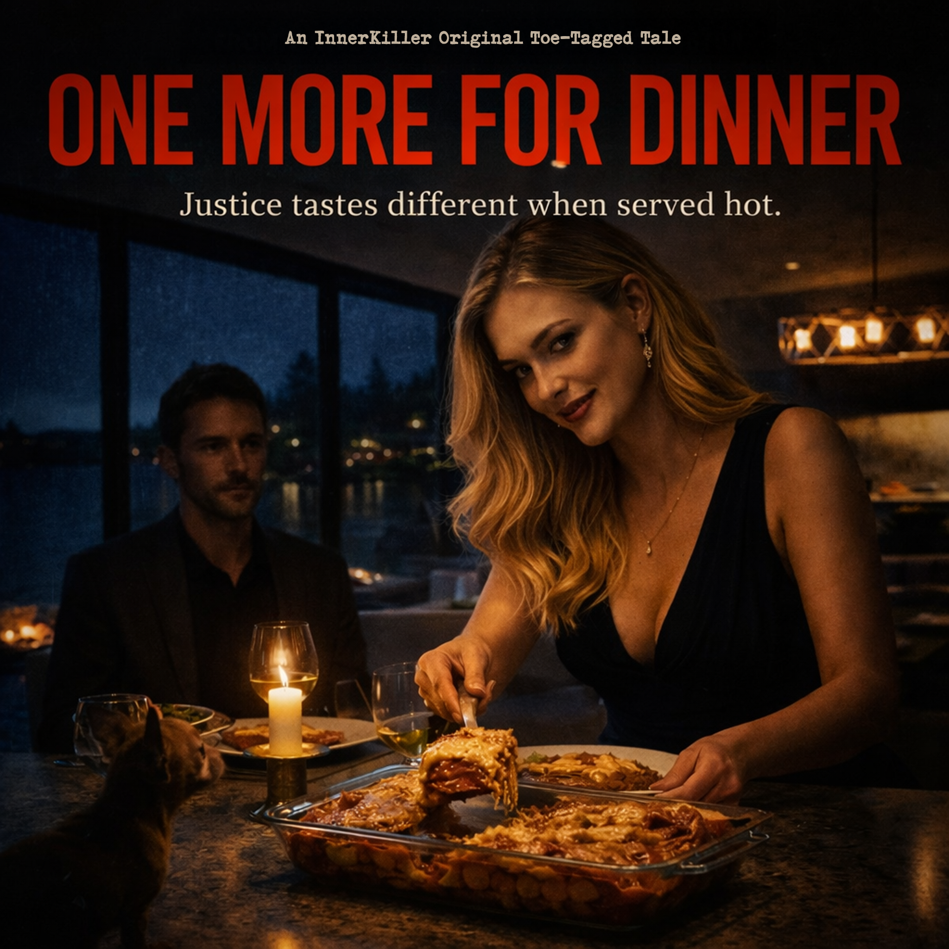 Cover of a book titled 'One More for Dinner' showing a woman serving baked dish at dinner table with a man and a cat in a dimly lit room overlooking water at night.