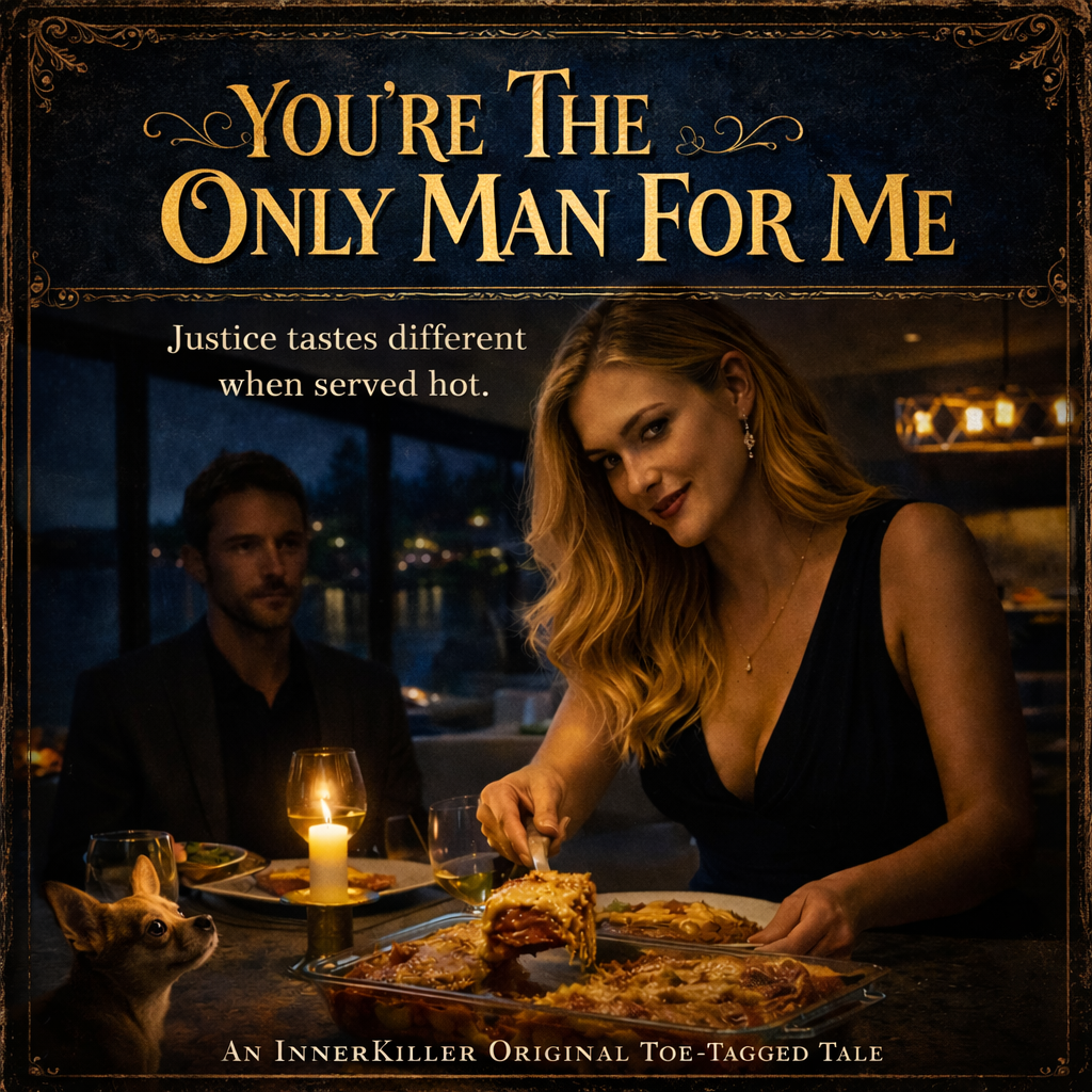 A woman in a dark kitchen looks over her shoulder with a serious expression, with a small dog at her feet. In the background, a foggy road with two people and a dog walking away is visible.