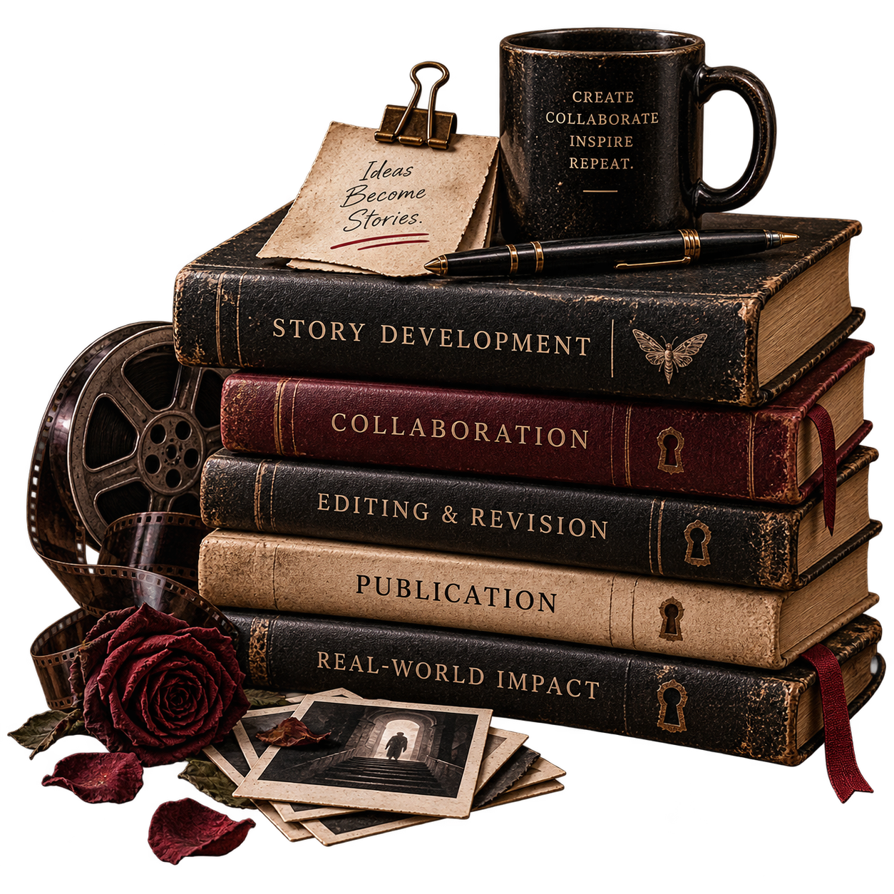 Stack of vintage books labeled 'Story Development,' 'Collaboration,' 'Editing & Revision,' 'Publication,' and 'Real-World Impact' with film reel, a red rose, and black-and-white photographs in the foreground, and a black mug with motivational words in the background.