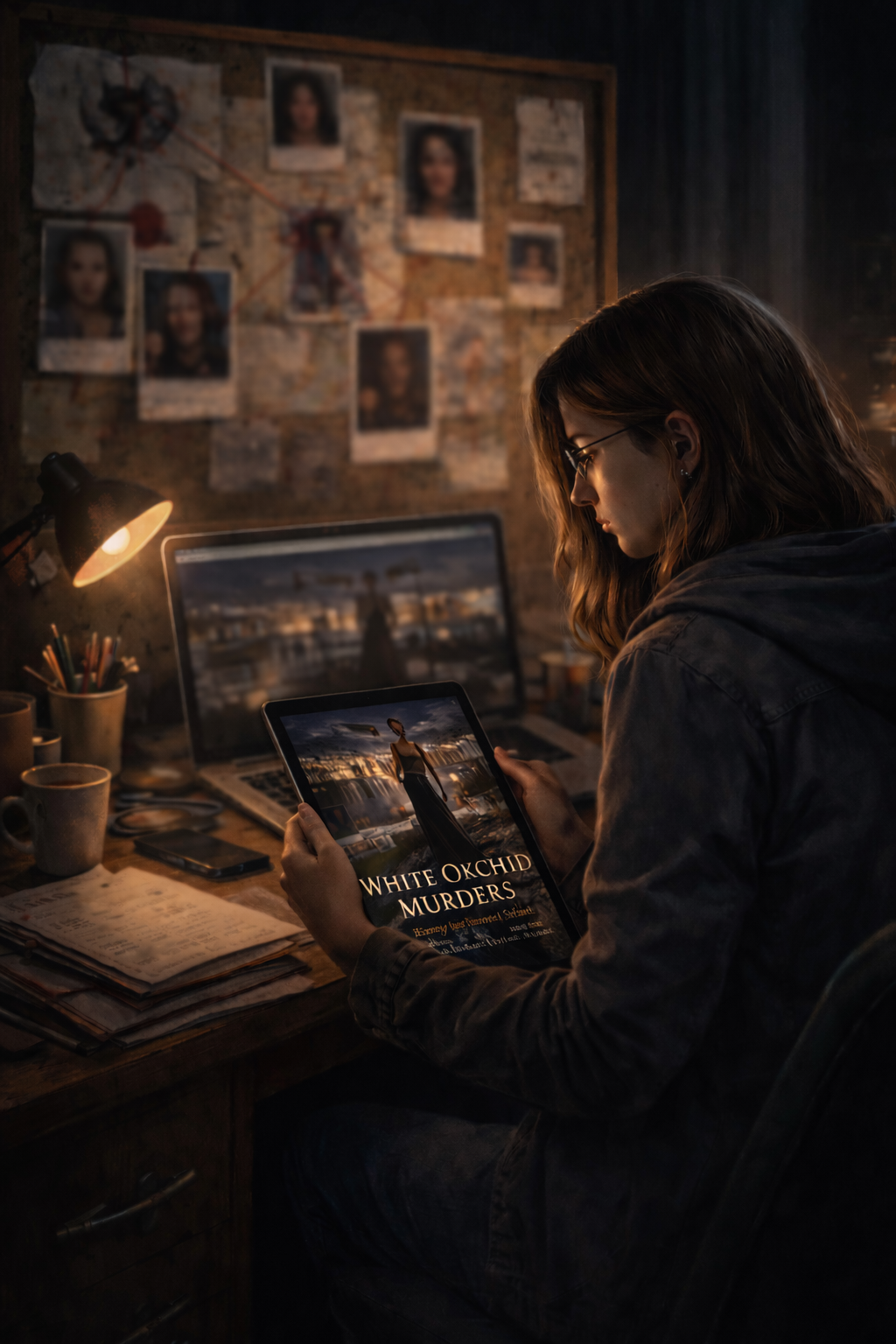 A woman with glasses sits at a cluttered desk in a dimly lit room, holding a tablet that displays a book titled 'White Orchid Murders'. There are two laptops, a lamp, notebooks, and mugs on the desk. The background features a corkboard with photos and red string connecting some of them.