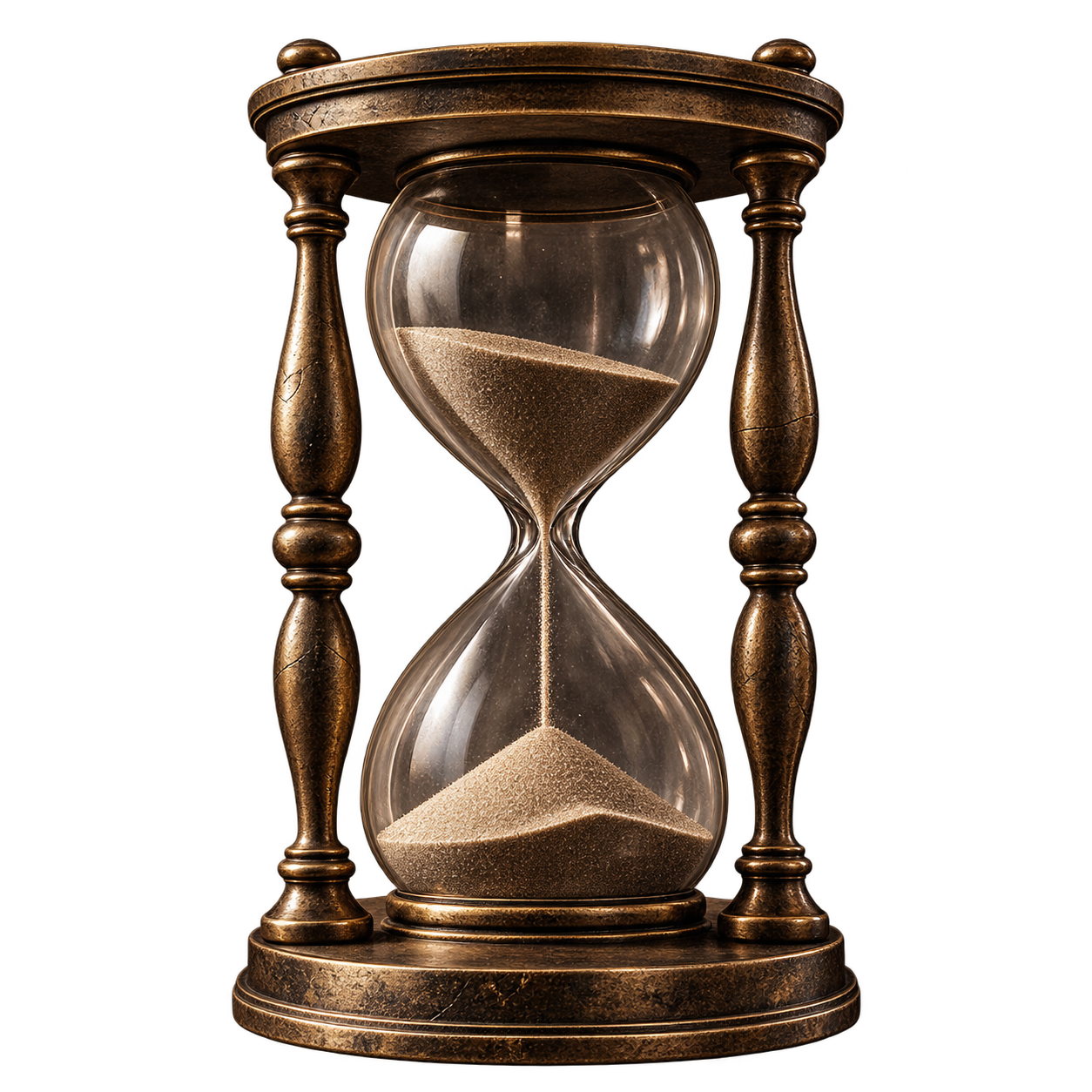 An antique-style wooden hourglass with beige sand inside, shown against a dark background.