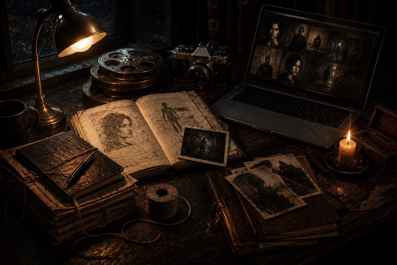 A dark vintage workspace with an open sketchbook showing a woman's portrait, photographs of a man, a laptop with character images, a candle, film reels, a camera, notebooks, and scattered papers and coins, illuminated by a desk lamp.