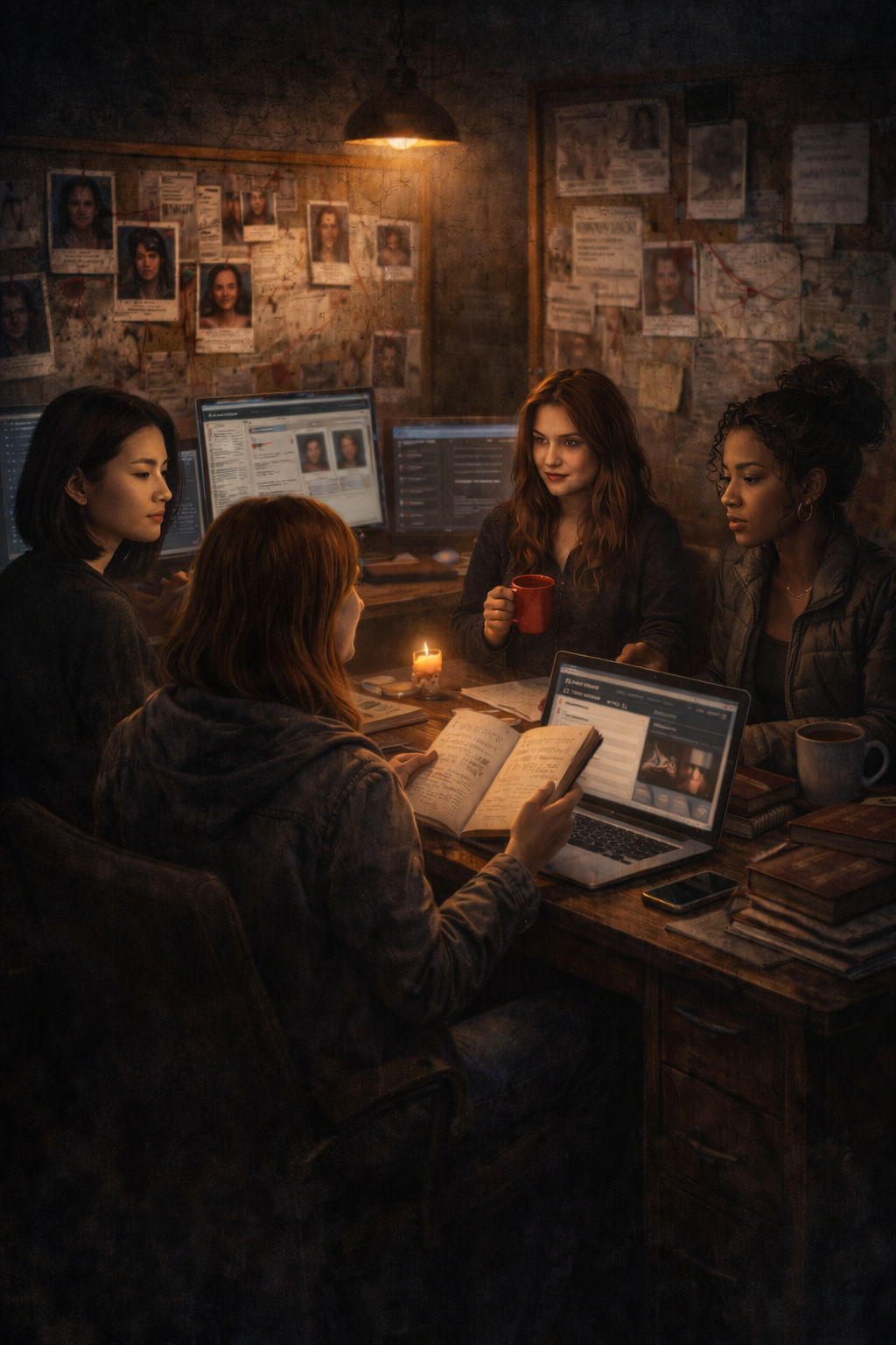 A group of five women sitting around a wooden table in a dimly lit room with torn walls covered in photographs and notes, working on digital devices and a notebook, with a candle providing warm lighting.