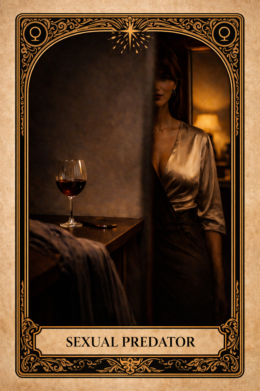 A woman sitting at a cluttered desk, gazing intently at a wall covered with photos, notes, and red strings, in a detective or investigation setting.