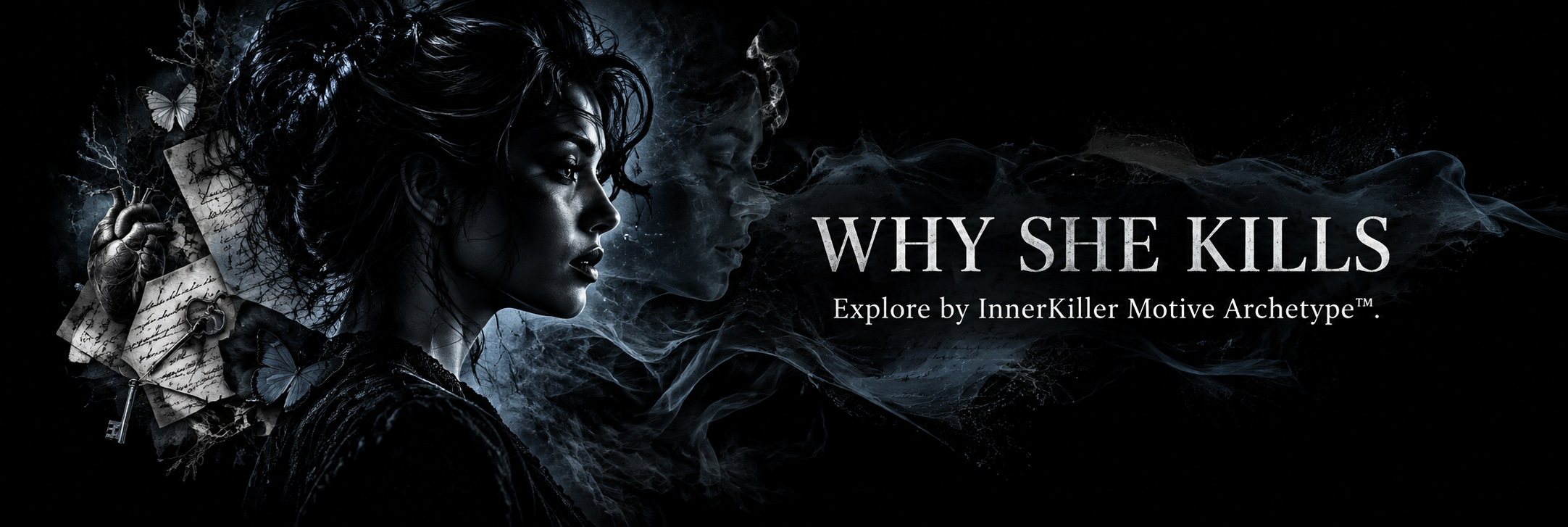 Dark-themed promotional graphic for 'Why She Kills' featuring a woman's side profile with a serious expression, surrounded by floating letters, paper, and butterflies, with the text 'Why She Kills' and 'Explore by InnerKiller Motive Archetype.'