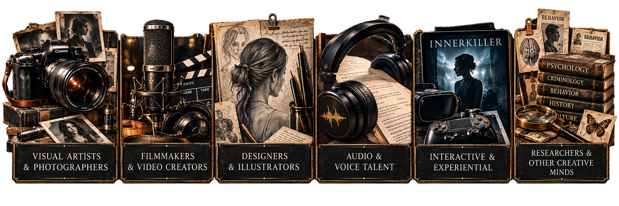 A collage of creative professionals including photographers, filmmakers, designers, audio talent, interactive experience creators, and researchers, with related tools and imagery.