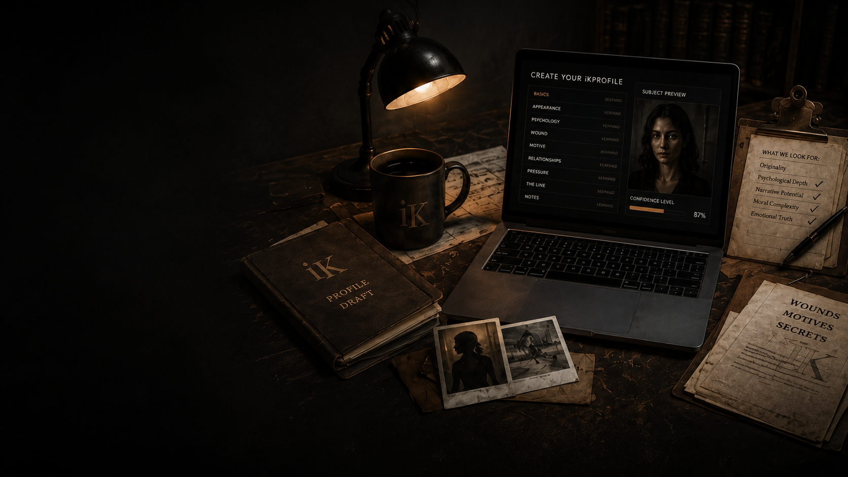 A dark wooden desk illuminated by a desk lamp, featuring a laptop displaying a profile creation screen, a black mug with 'iK' on it, a closed file labeled 'iK Profile Draft', vintage photographs, and stacks of papers with notes and research topics.