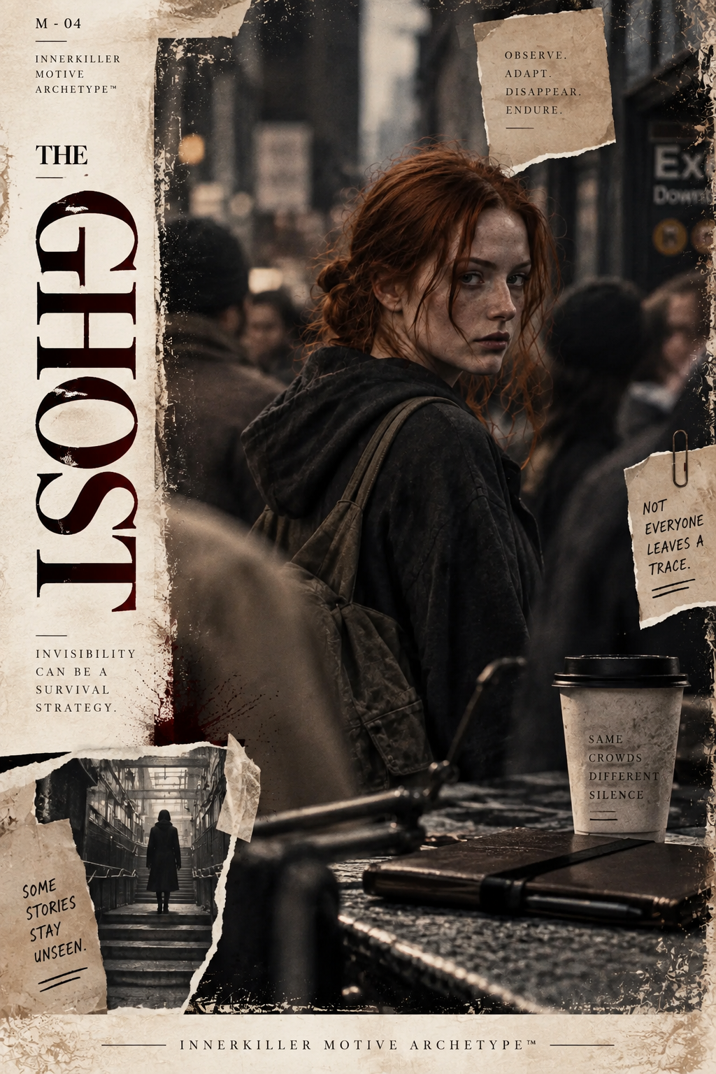 A young woman with red hair and a dark hoodie standing in a busy city street, looking over her shoulder. The background shows other people and city buildings. There are torn paper elements with motivational texts such as 'Observe, Adapt, Disappear, Endure' and 'Not everyone leaves a trace.' A coffee cup and a notebook are on a table in front of her, with additional torn paper notes indicating themes of invisibility and secrecy.