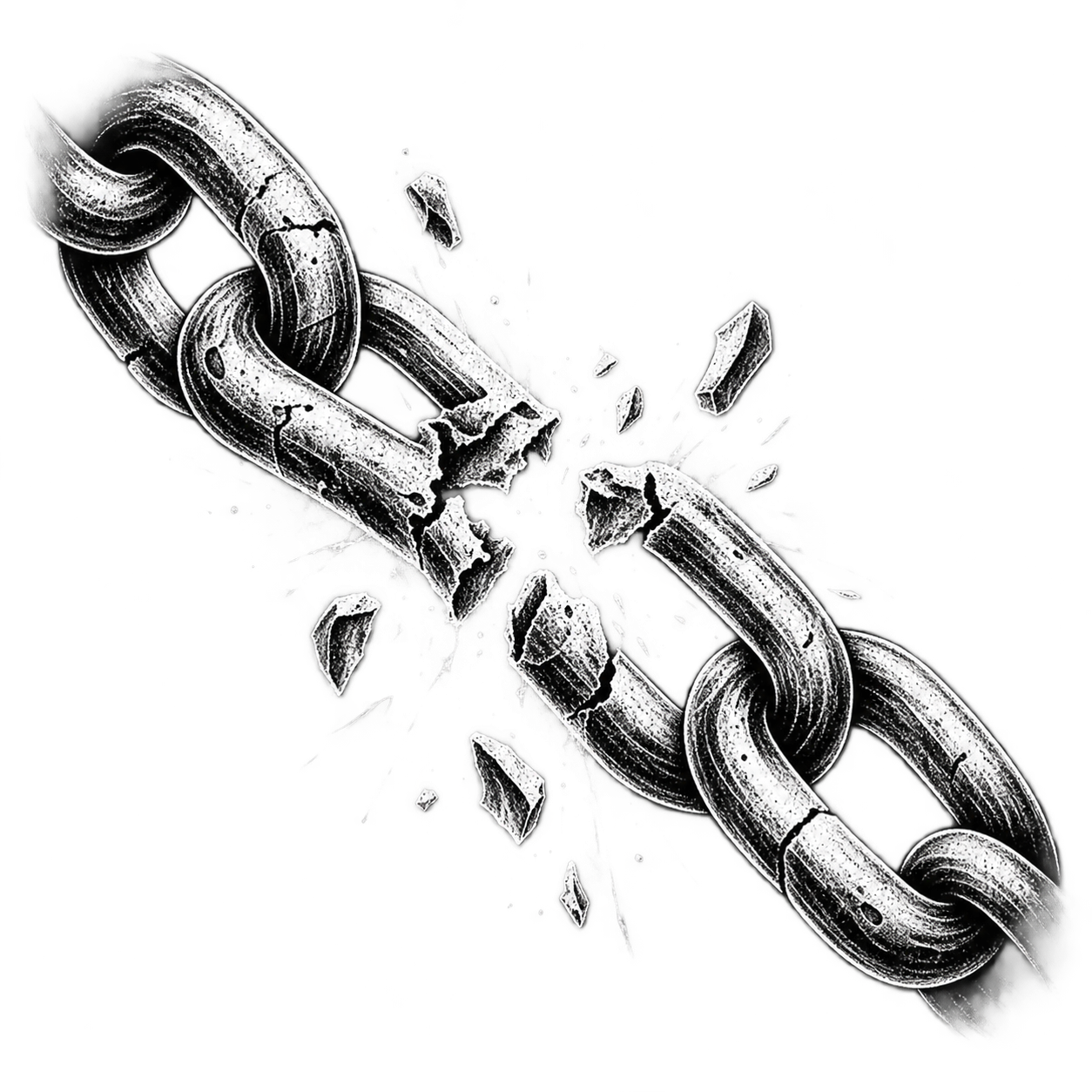 A broken chain with links shattering into pieces, surrounded by debris or sparks, symbolizing breaking free or disruption.