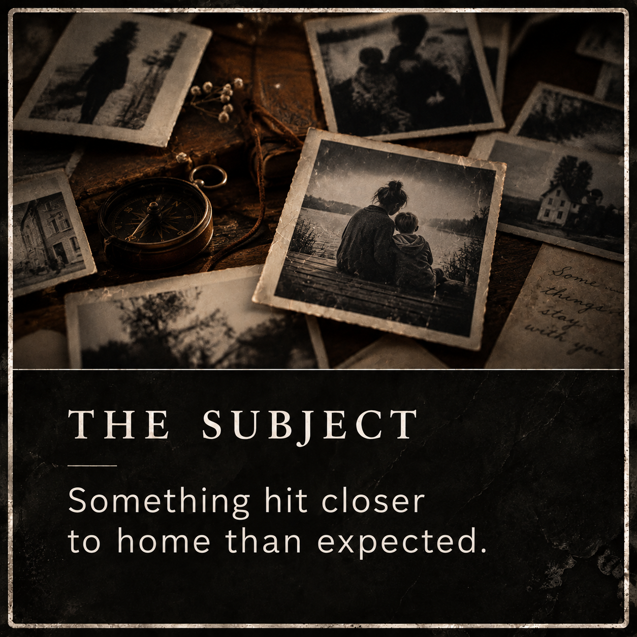 Old black-and-white photographs, a vintage compass, and a handwritten note on a wooden surface, suggesting nostalgia or memories.