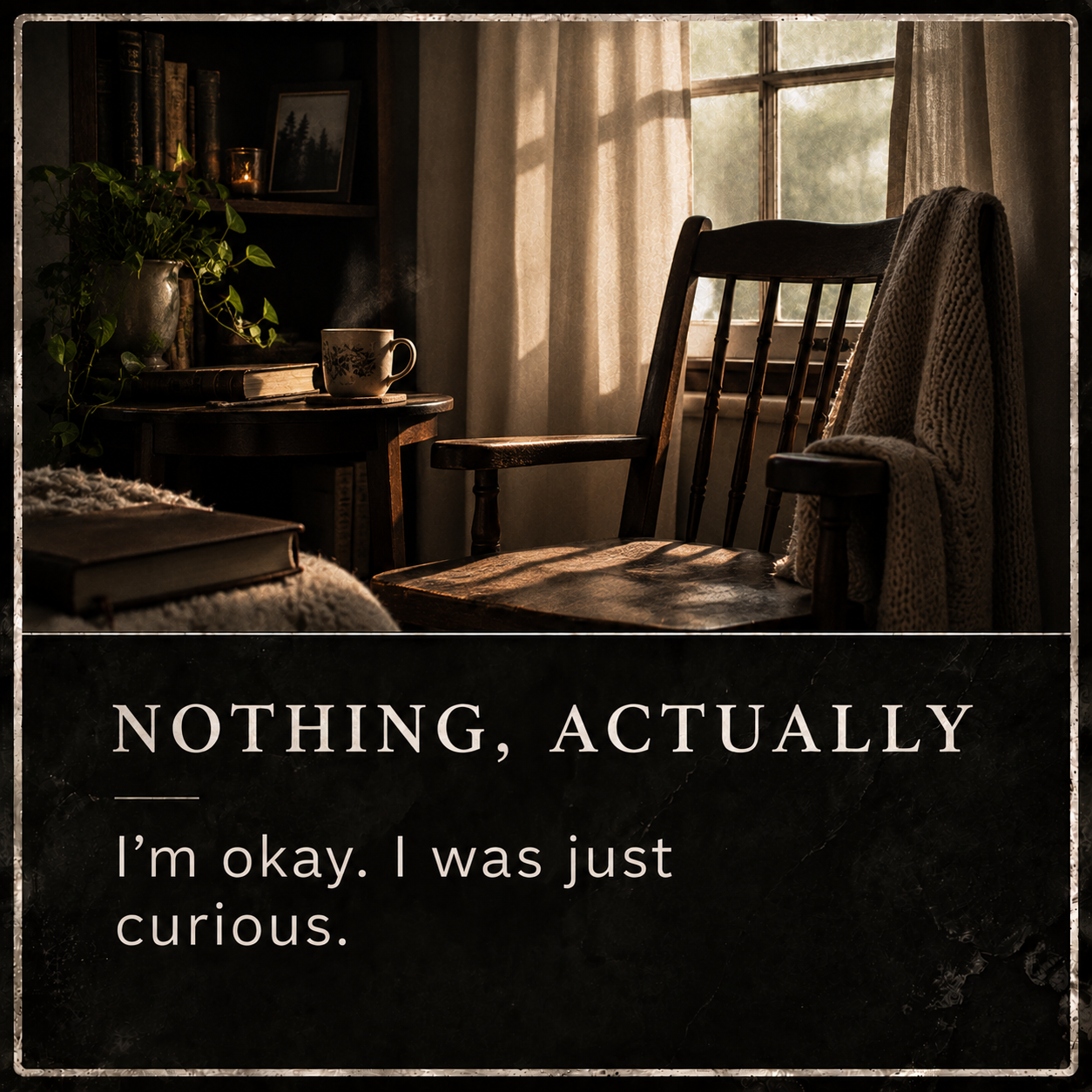 Cozy corner with wooden chair, small table, potted plant, books, mug, and sunlight coming through a window, with text "Nothing, actually. I'm okay. I was just curious."